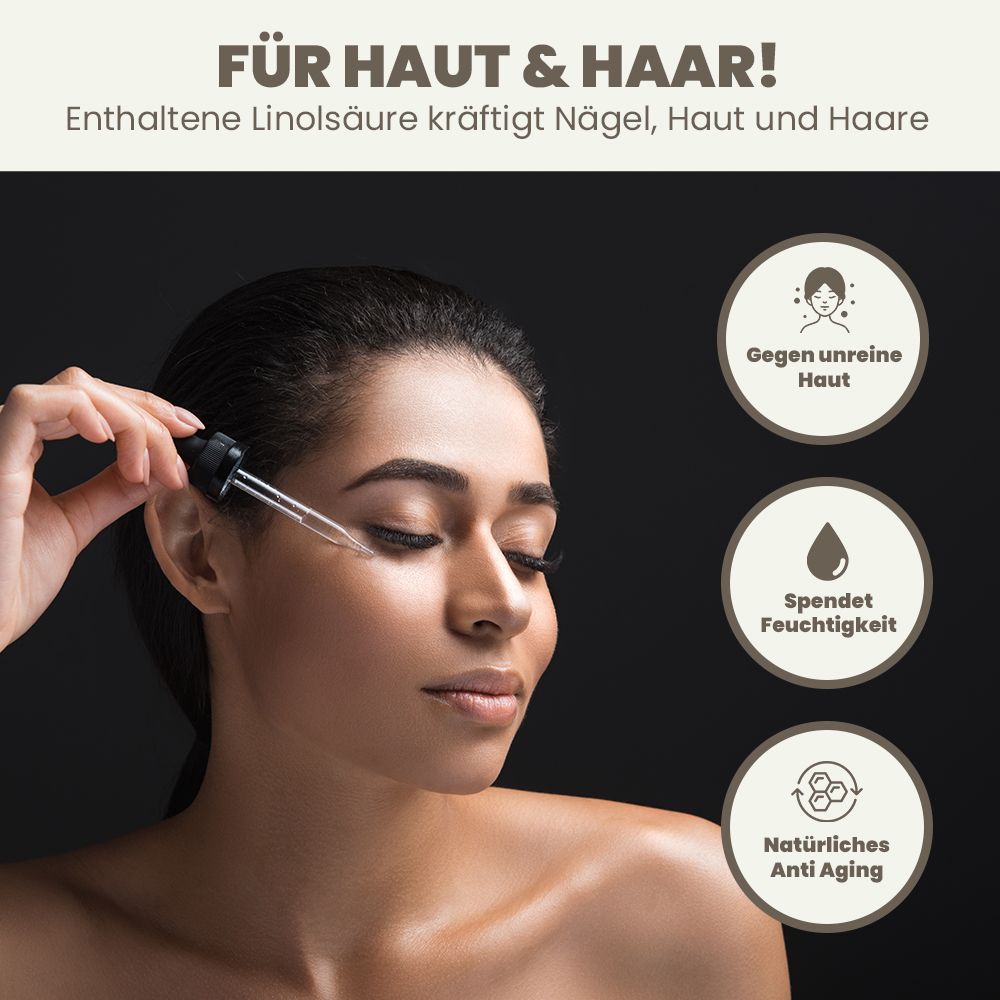 Frau mit Pipette, die Öl auf die Haut aufträgt. Grafiken zeigen: gegen unreine Haut, spendet Feuchtigkeit, natürliches Anti-Aging.