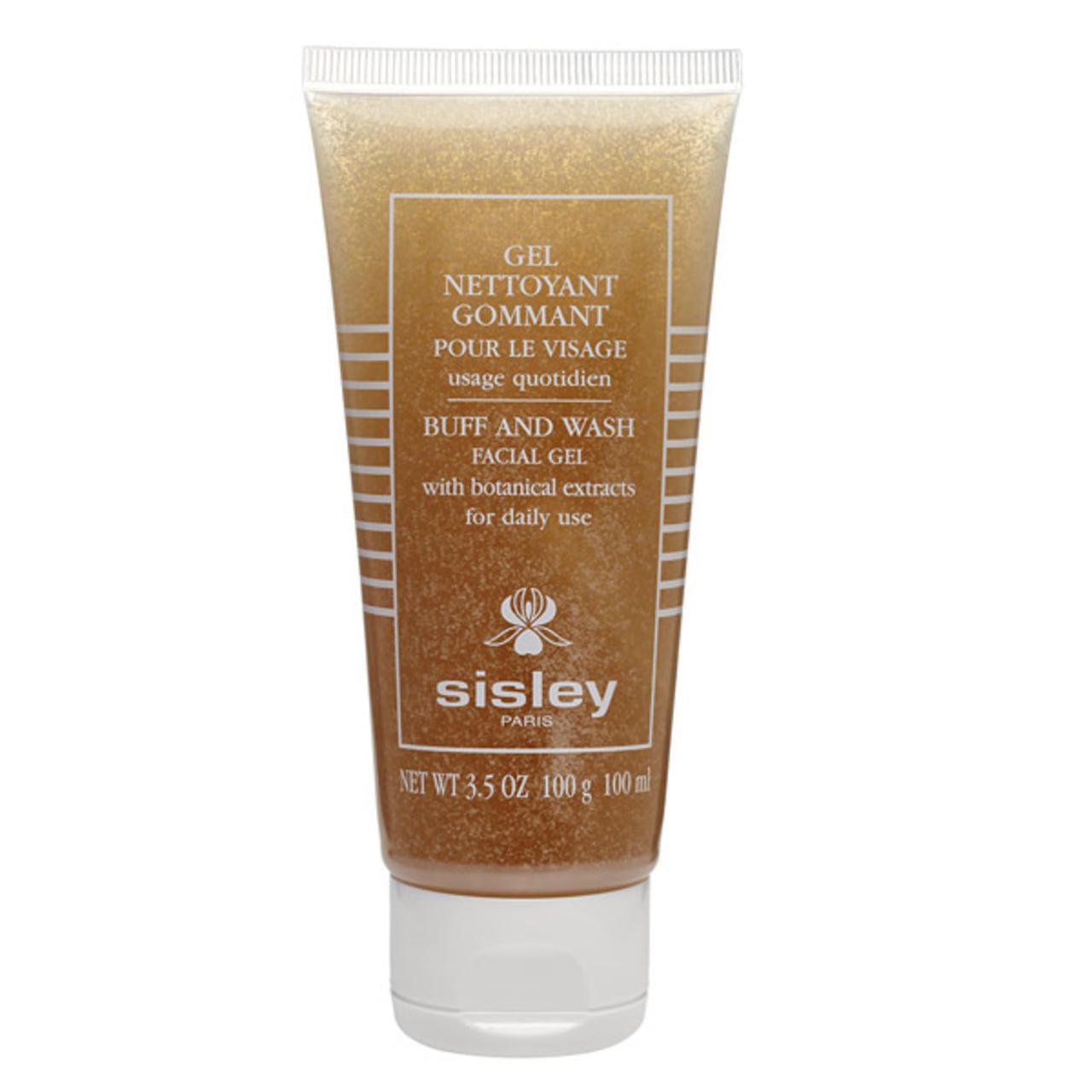 Transparentes Gel in einer Tube. Beschriftung: Gel Nettoyant Gommant, Buff and Wash Facial Gel, Sisley Paris. Nettoinhalt 100 ml.
