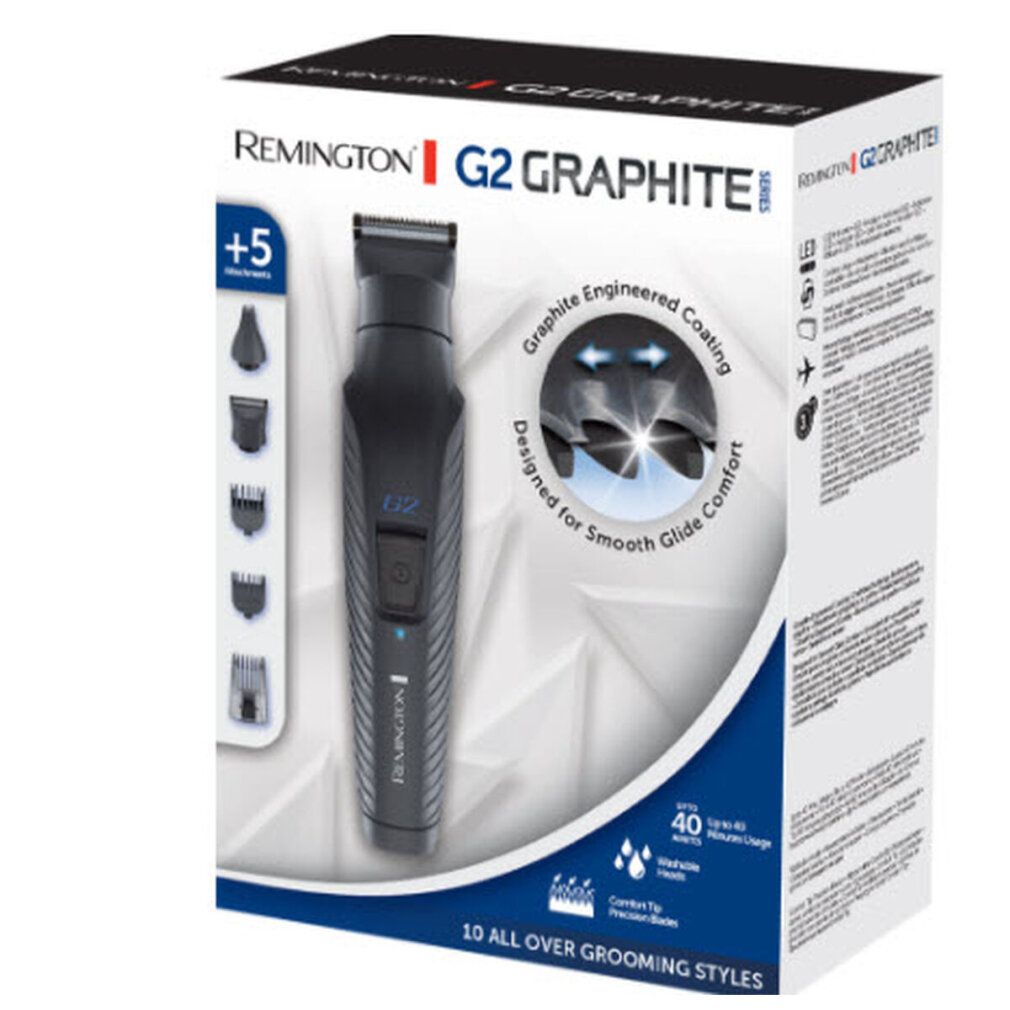 Verpackung mit Trimmer, Zubehör und Text: Remington G2 Graphite Series. Enthält 5 Aufsätze.