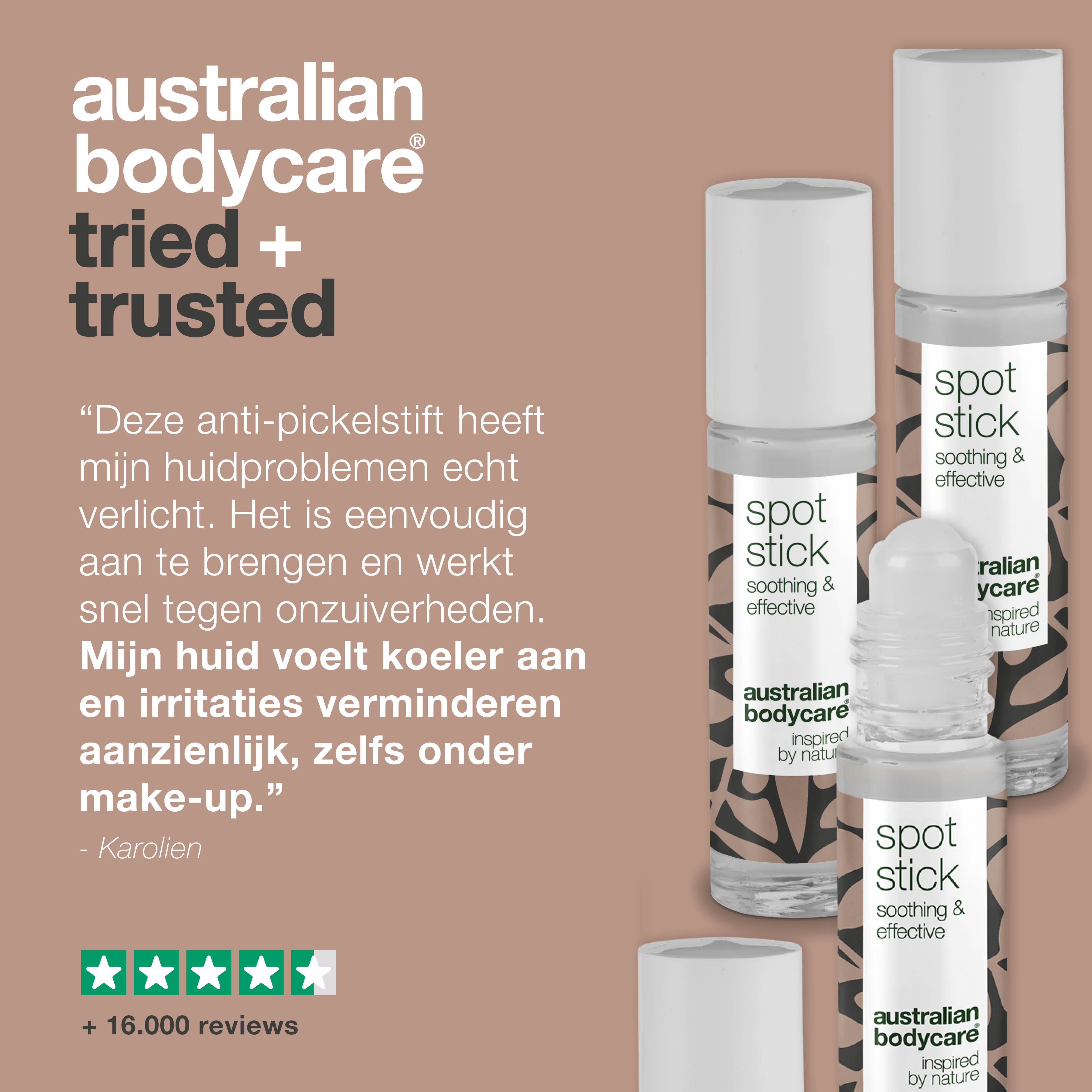 Drie Spot Stick-flessen. Opschrift: Spot Stick, Australian Bodycare. Tekst: +16.000 beoordelingen.