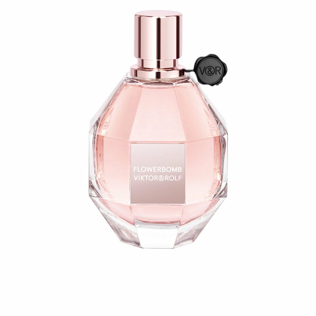 Parfümflakon mit rosafarbenem Inhalt. Aufschrift: Flowerbomb Viktor & Rolf. Schwarzer Verschluss.