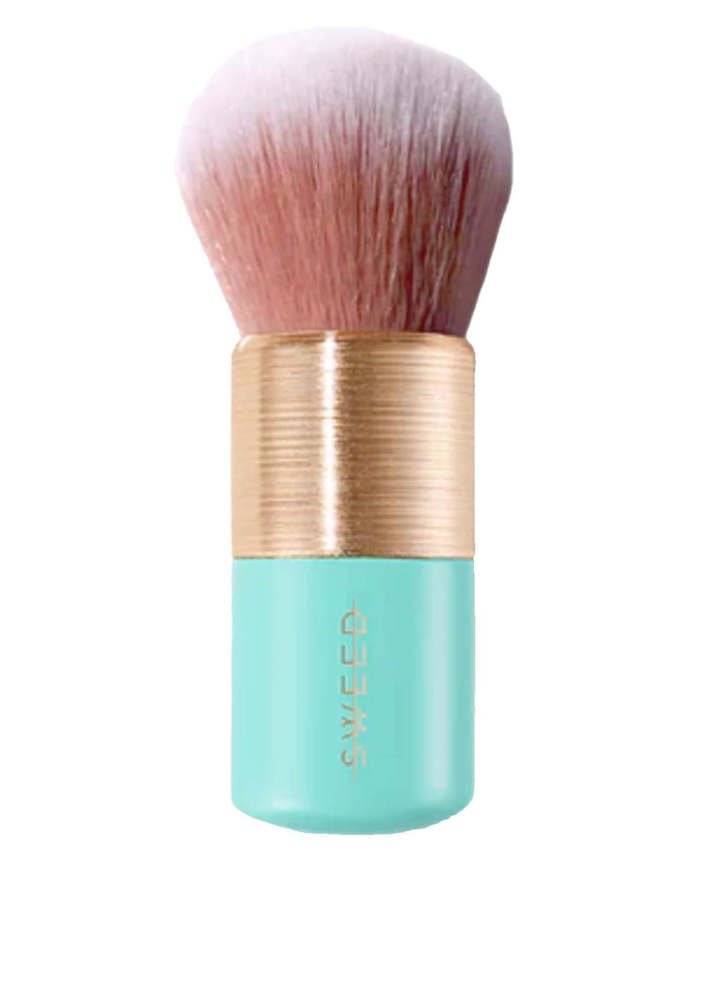 Make-up Pinsel mit rosa und weißen Borsten. Der Griff ist türkis mit goldfarbenen Elementen. Der Markenname ist sichtbar.