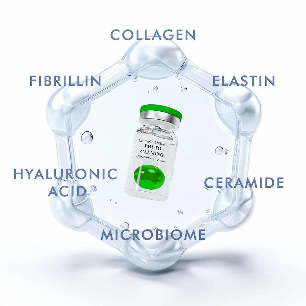 Glasampulle mit grünem Inhalt, umgeben von einer sechseckigen Struktur. Beschriftung: MADECA DERMA, PHYTO CALMING, Microbiome Ampoule.