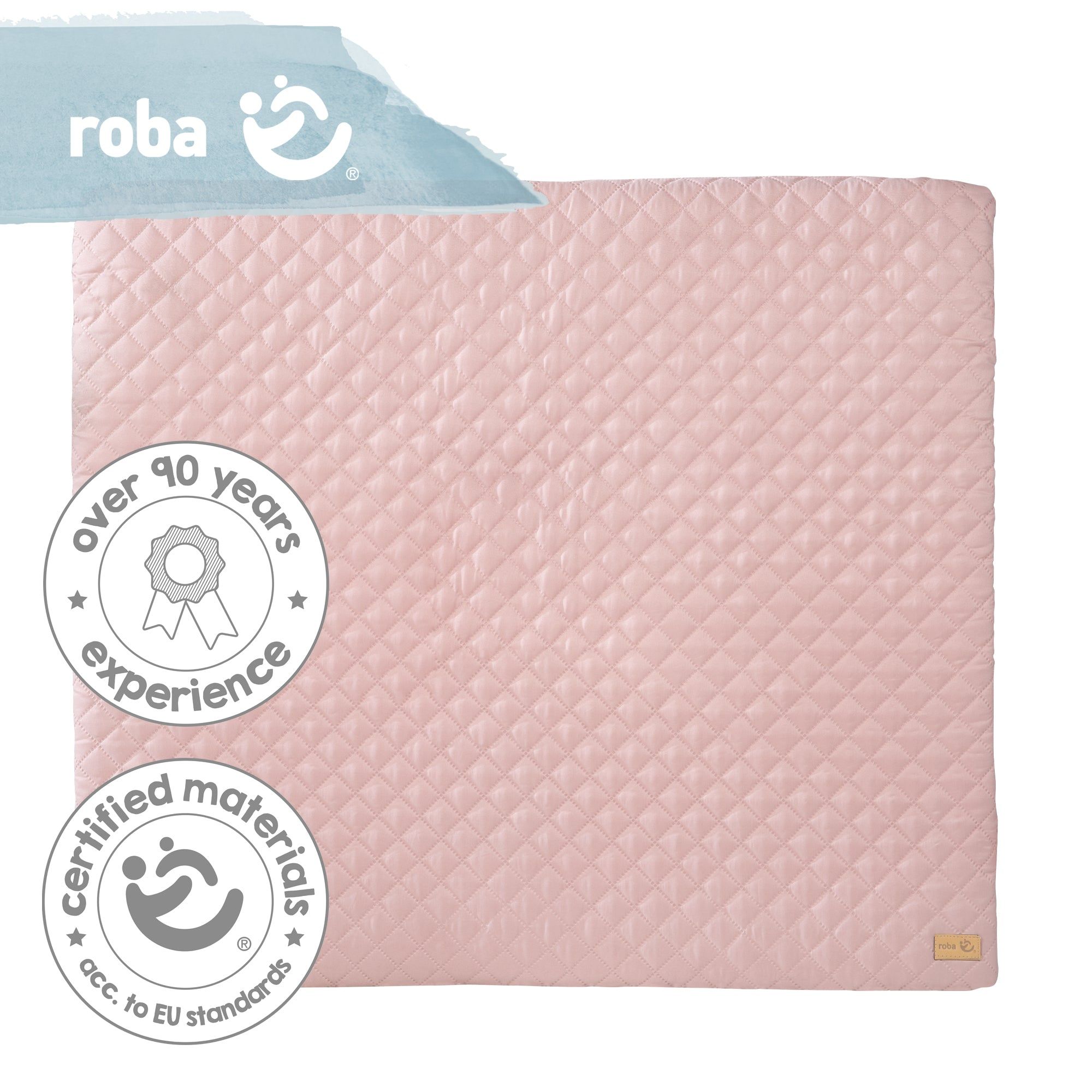 Rosa Wickelauflage mit quadratischem Steppmuster. Logo und Zertifizierungen. Rechteckige Form.