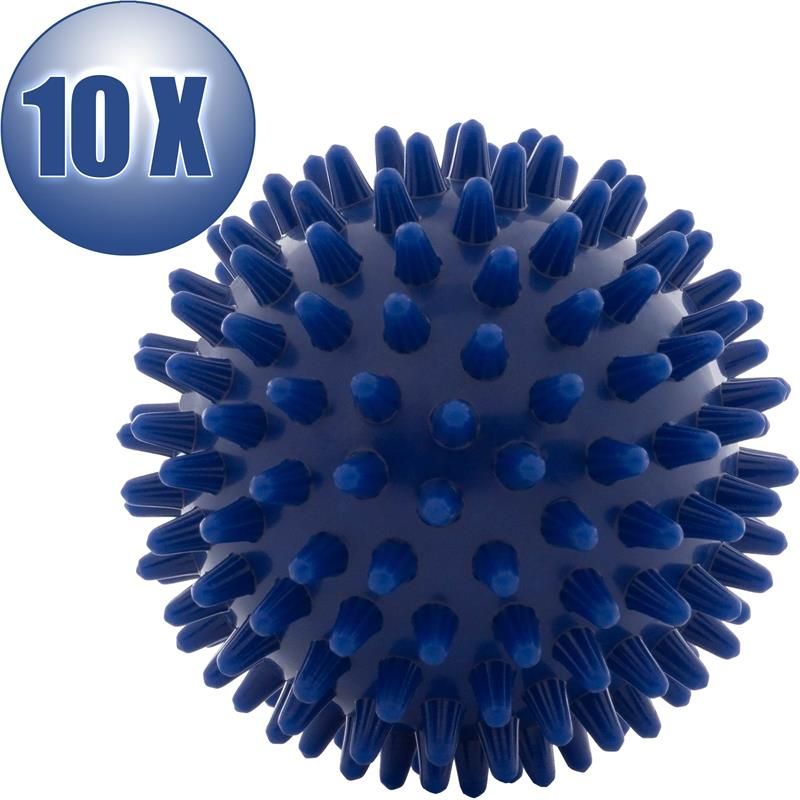 Blauer Massageball mit Noppen, neben einem blauen Kreis mit der Aufschrift "10 X".
