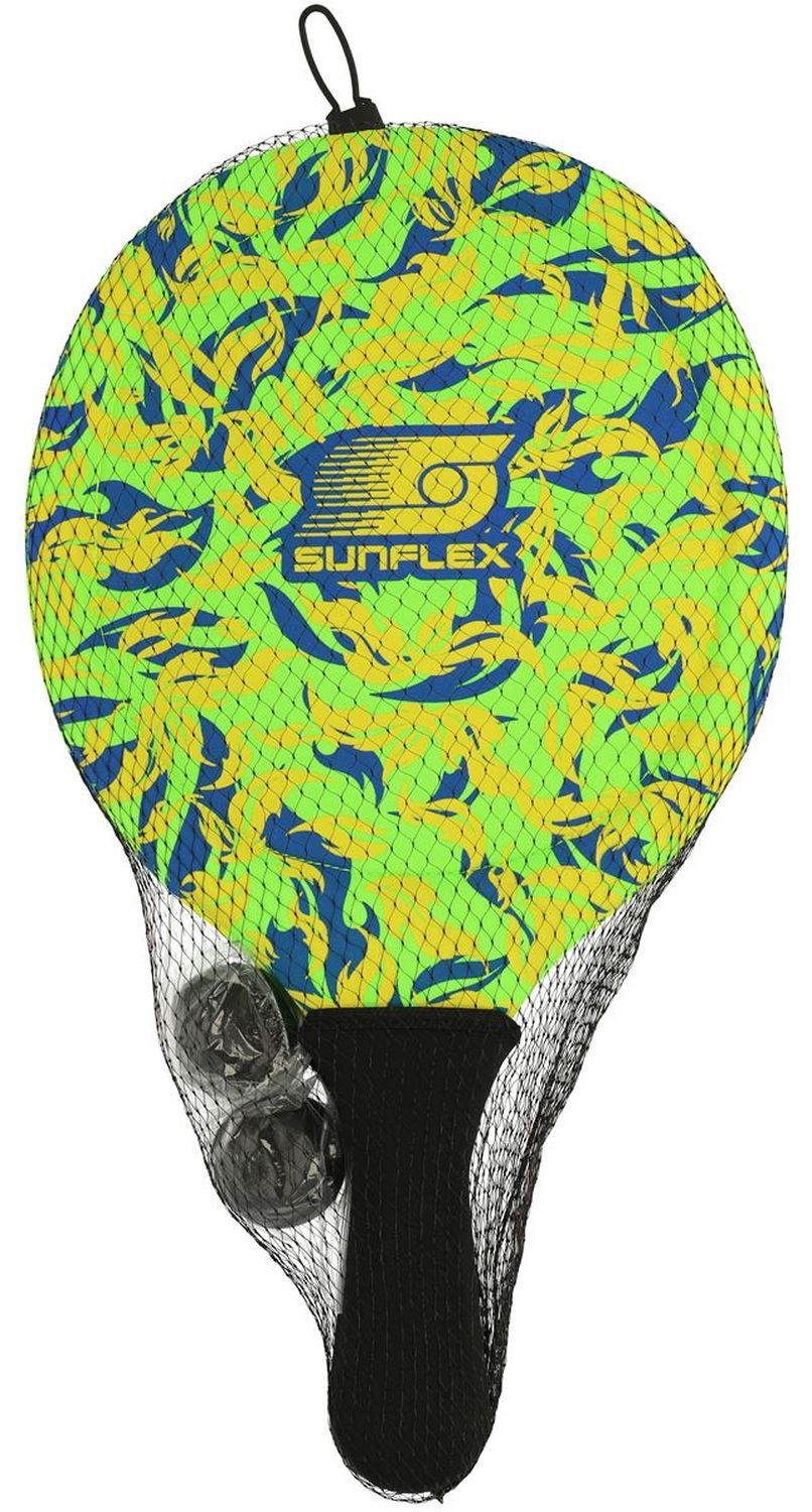Schläger-Set in Netzverpackung. Enthält zwei Bälle und einen Schläger mit gelb-blauem Muster und Sunflex-Logo.