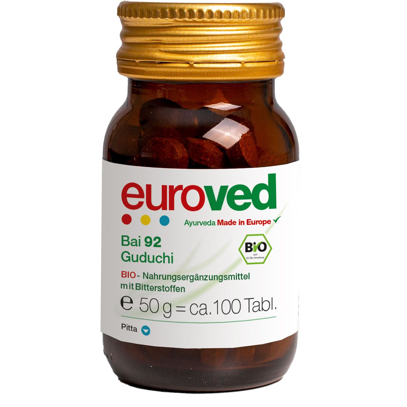 Braune Glasflasche mit goldfarbenem Deckel. Etikett mit "euroved", "Bai 92 Guduchi", Bio-Siegel und weiteren Texten. Enthält Tabletten.