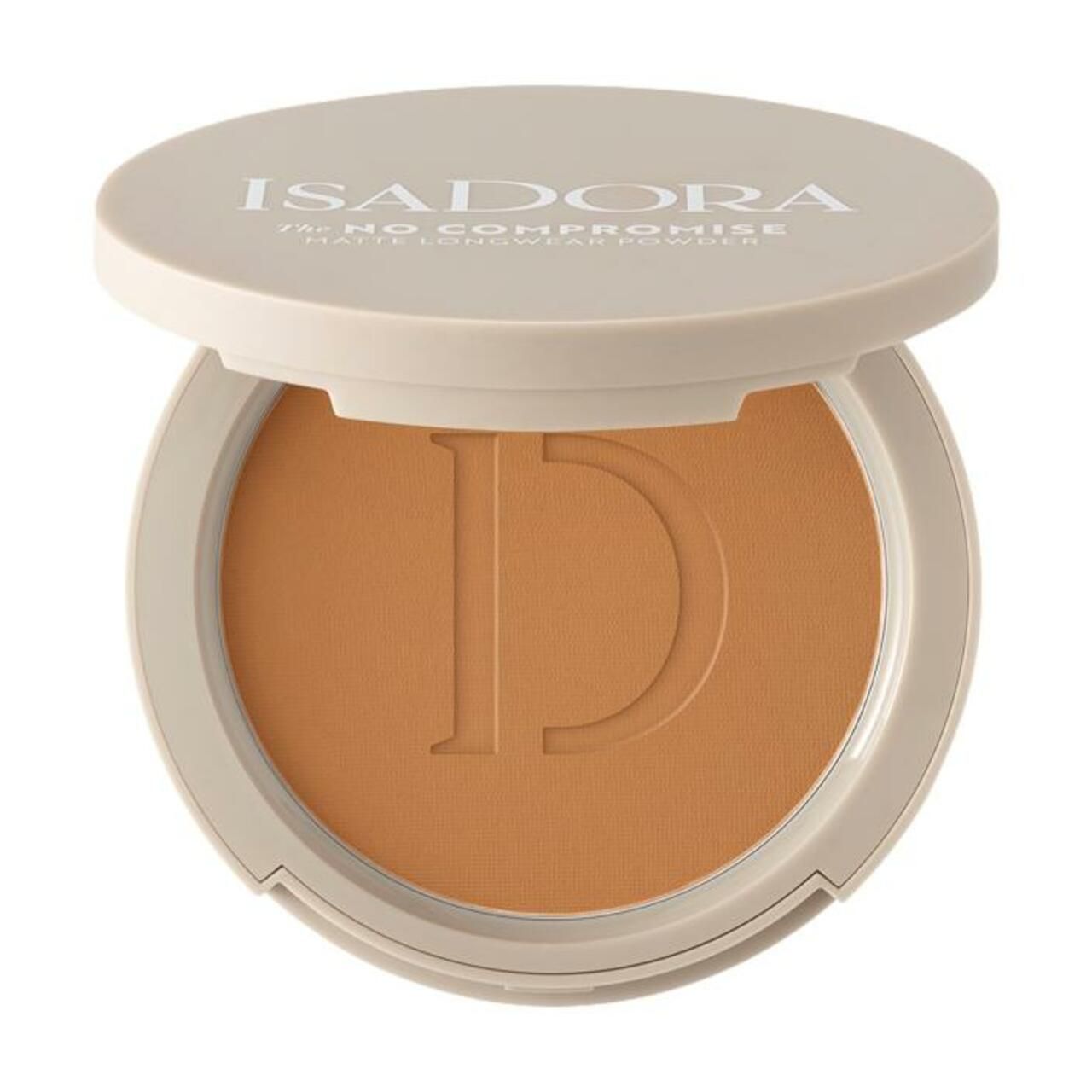 Kompaktpuder mit Deckel. Beige Dose, geöffnet. Innen Puder in hellem Braunton. Geprägtes Logo 'D'. Marke und Produktname auf dem Deckel.