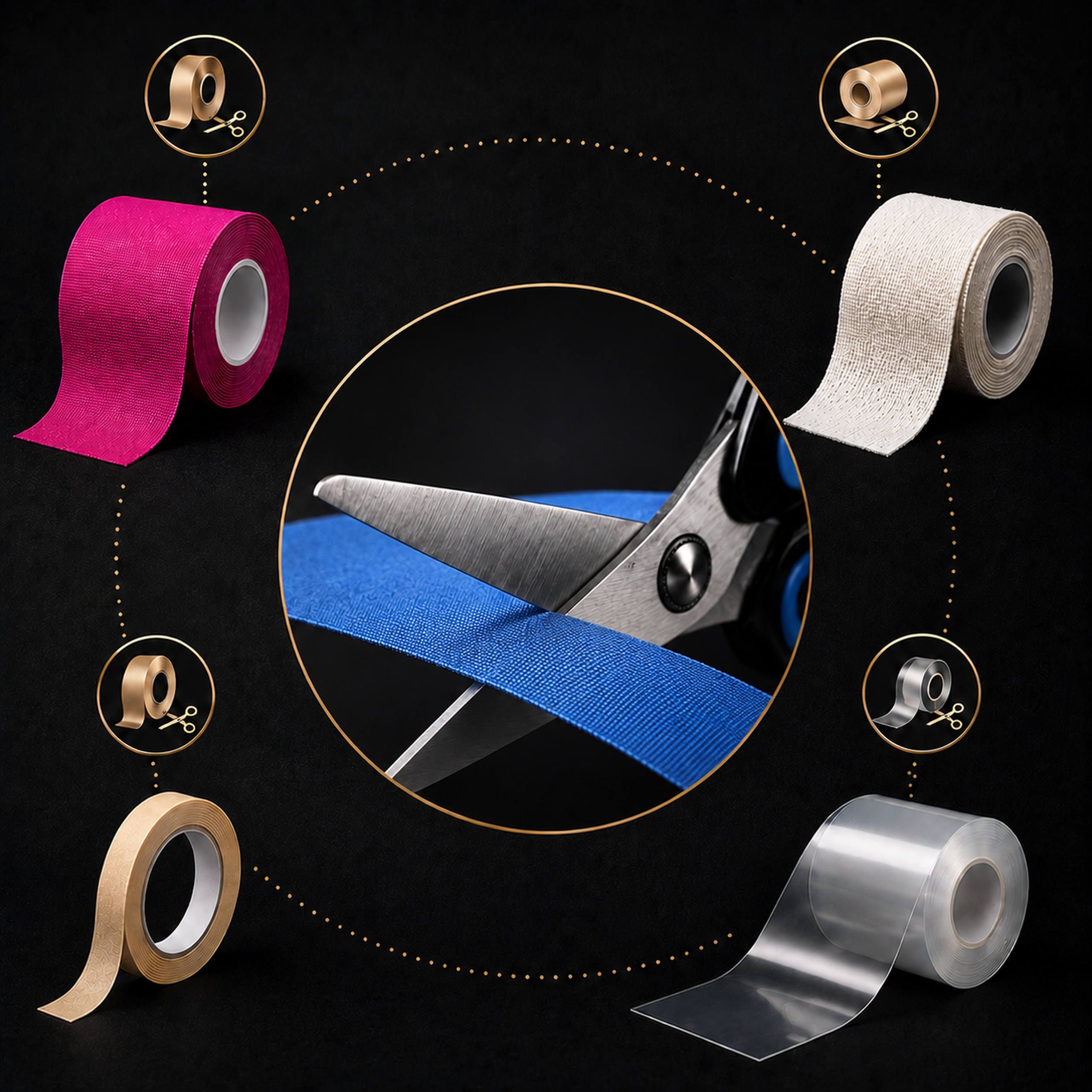 Schere schneidet blaues Tape. Mehrere Rollen Tape in verschiedenen Farben sind um sie herum angeordnet.