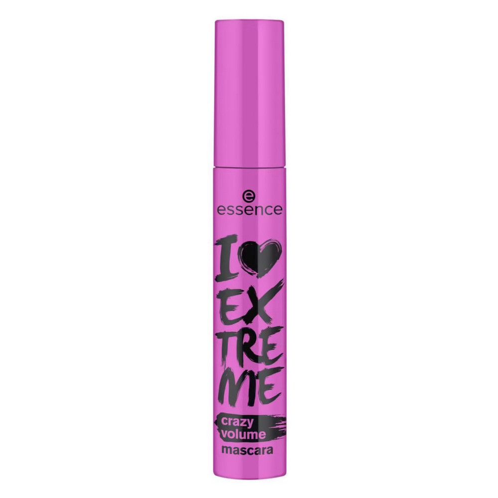 Pinke Mascara-Tube mit schwarzer Schrift. Aufschrift: I LOVE EXTREME crazy volume mascara. Schwarzer Deckel.