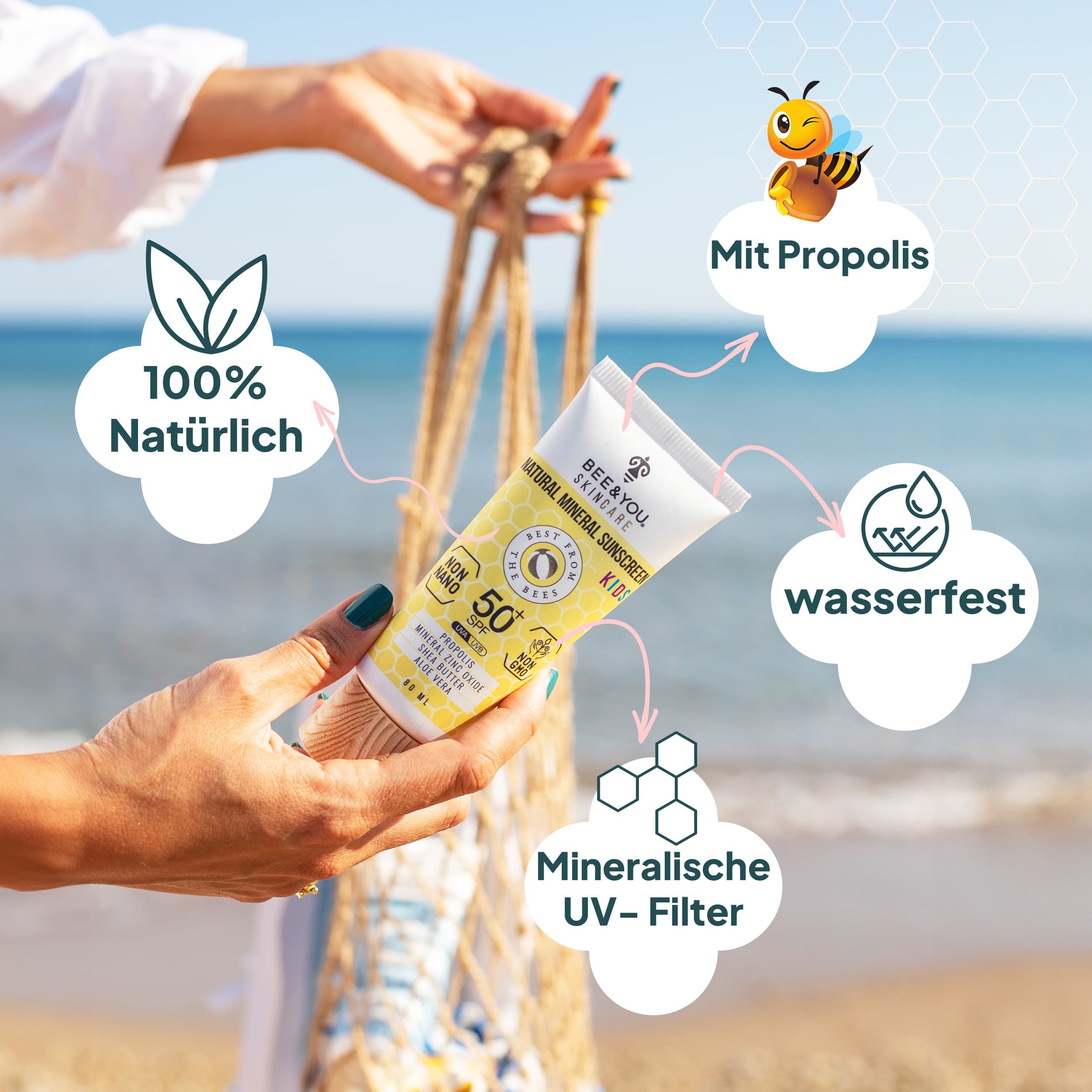 BEE&YOU Mineralischer Sonnenschutz , Sonnencreme für Kinder mit Propolis , wasserfest