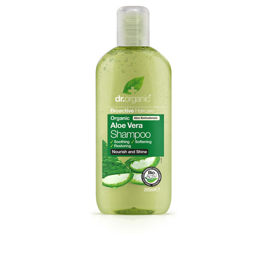 Grüne, ovale Flasche mit Aloe Vera Shampoo. Marke: Dr. Organic. Text: Bioactive Haircare, Organic Aloe Vera Shampoo. Mit Deckel.