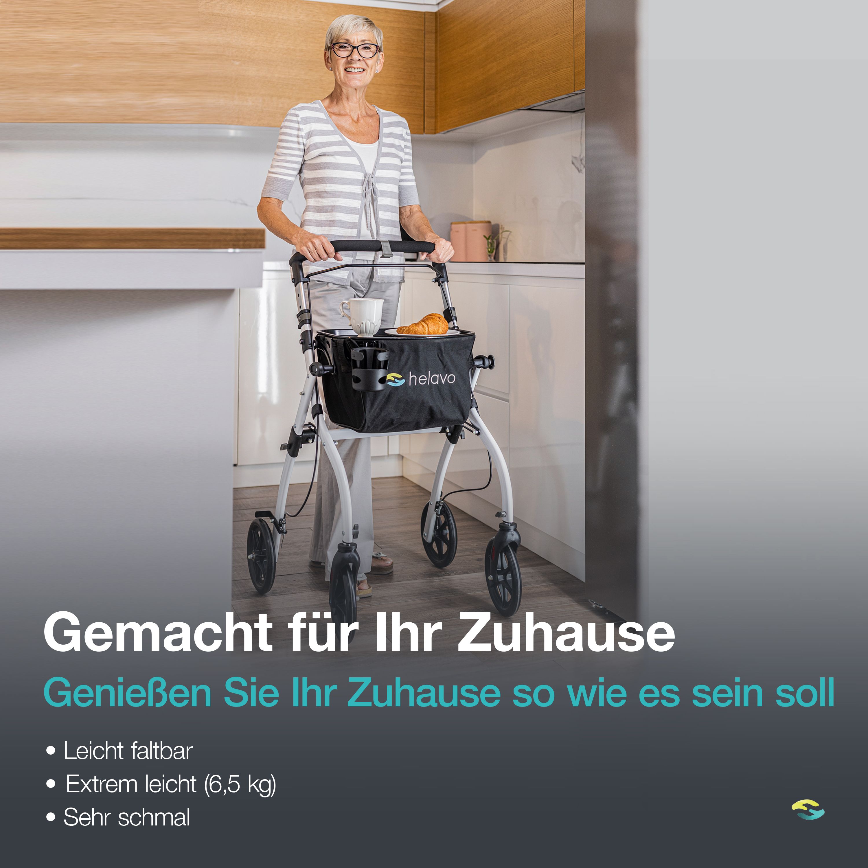 Helavo Wohnungsrollator 60 cm schmal Indoor Rollator mit Tablett & Korb