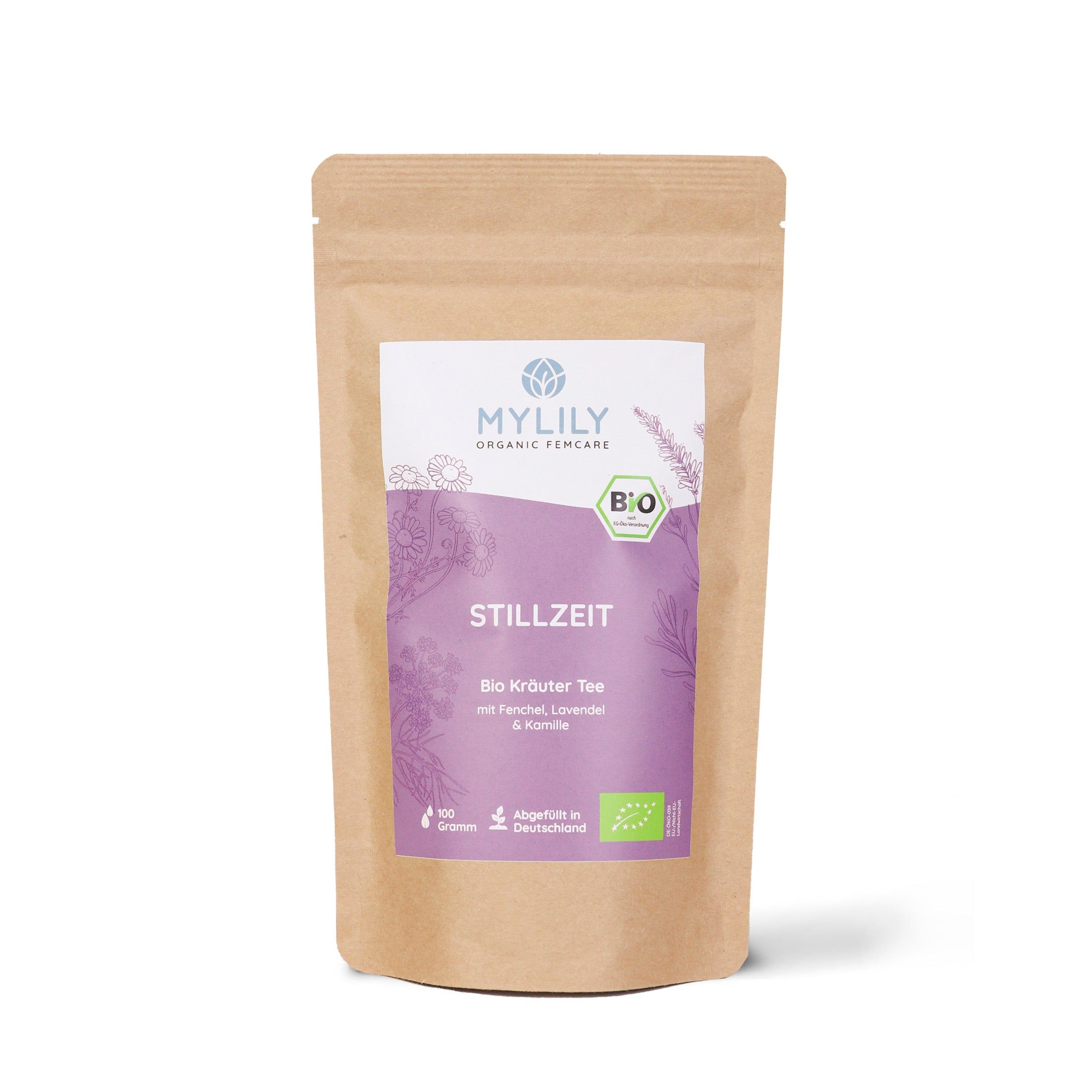 Braune Verpackung mit lila Etikett. Aufschrift: STILLZEIT, Bio Kräuter Tee. Bio-Siegel.