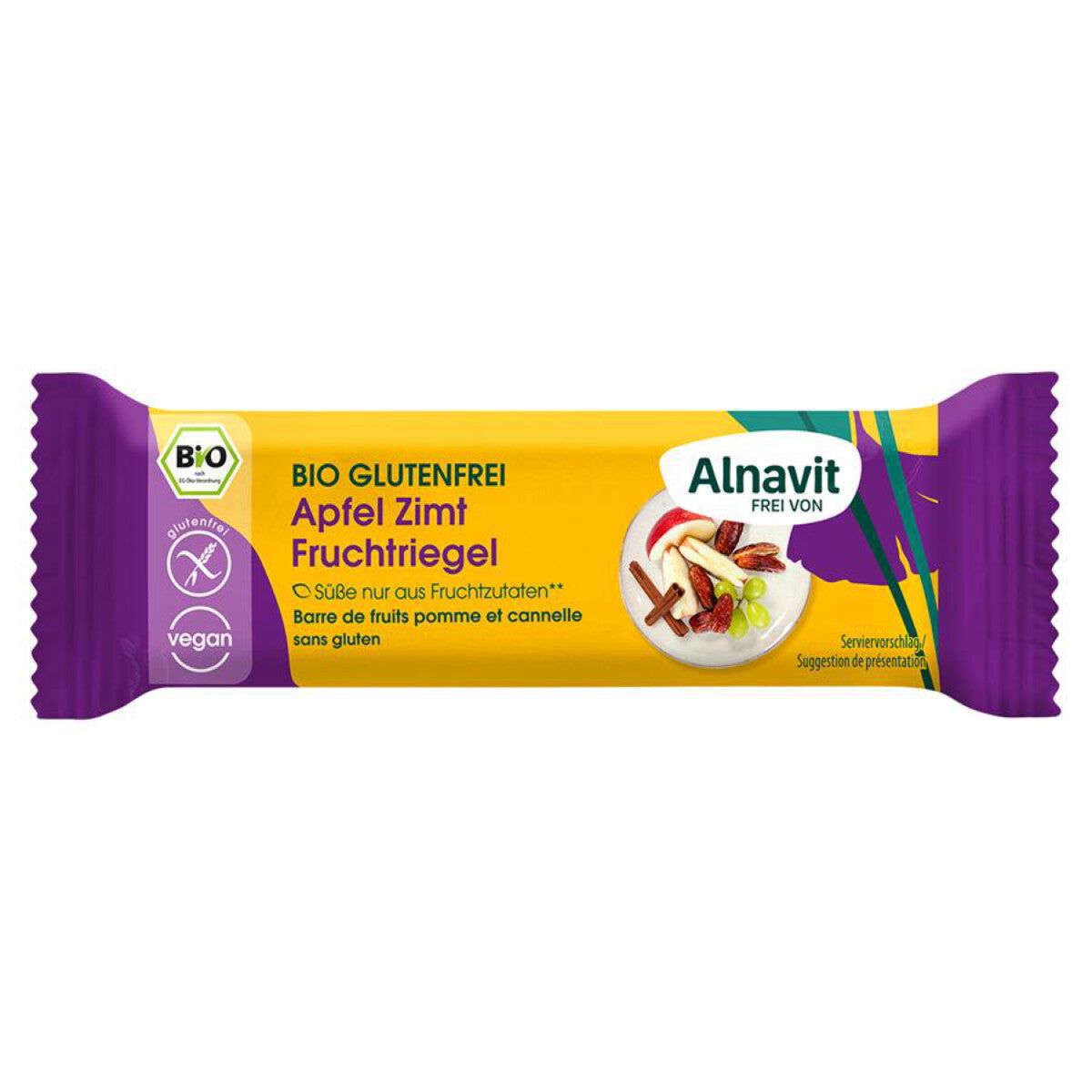 Verpackung eines glutenfreien Fruchtriegels. Aufschrift: BIO, vegan, Apfel Zimt Fruchtriegel, Alnavit.
