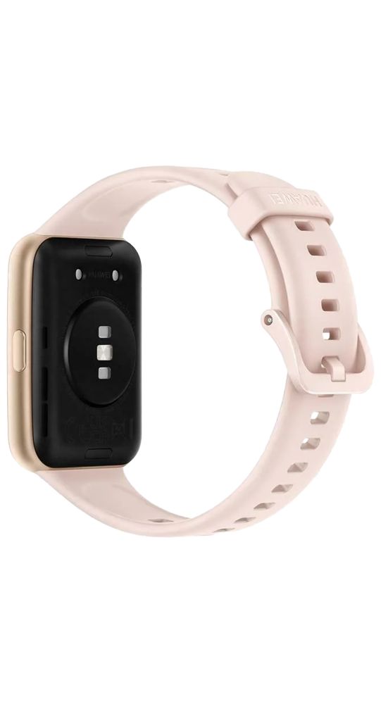 Rückseite einer goldfarbenen Smartwatch mit pinkem Armband und Herzfrequenzsensor.