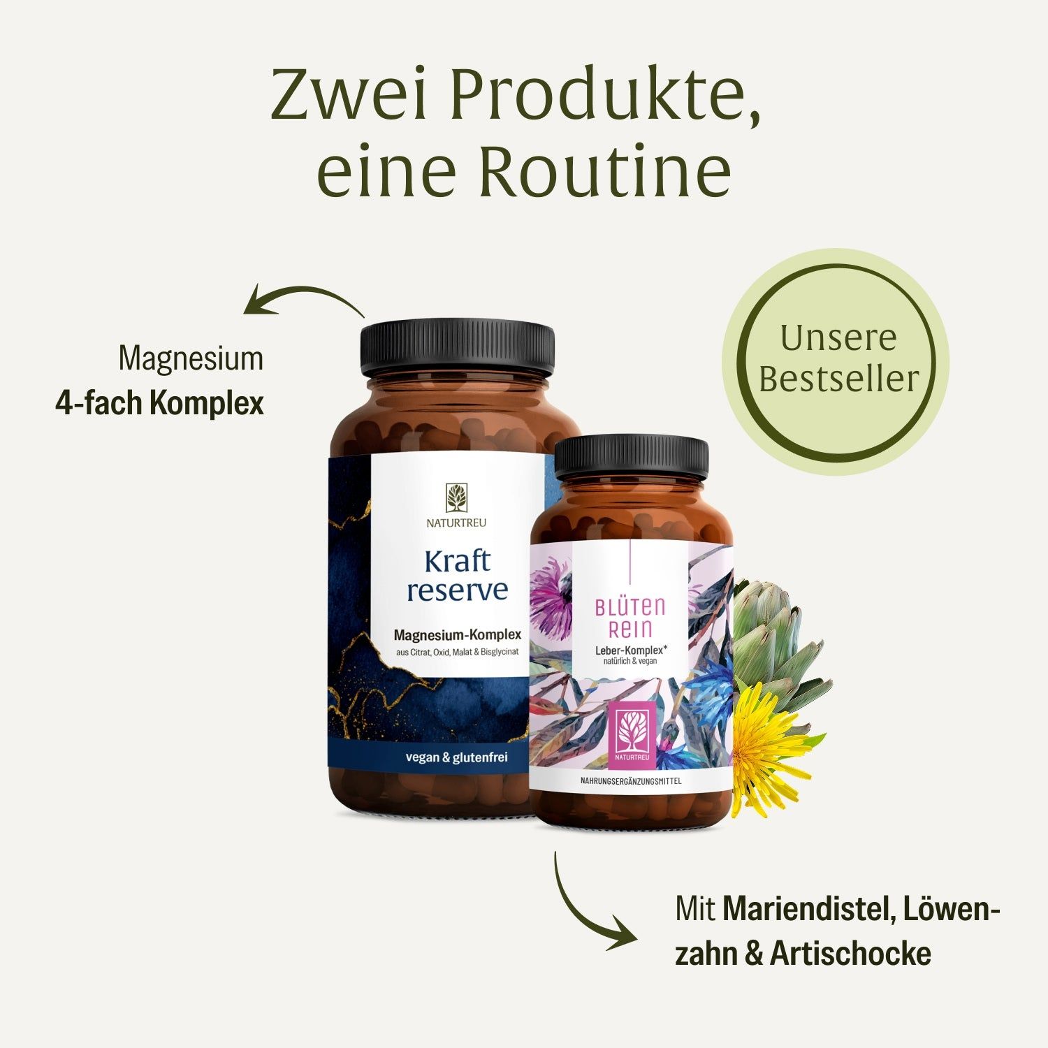 Zwei Flaschen Nahrungsergänzungsmittel, 'Kraft reserve' und 'Blüten rein'.