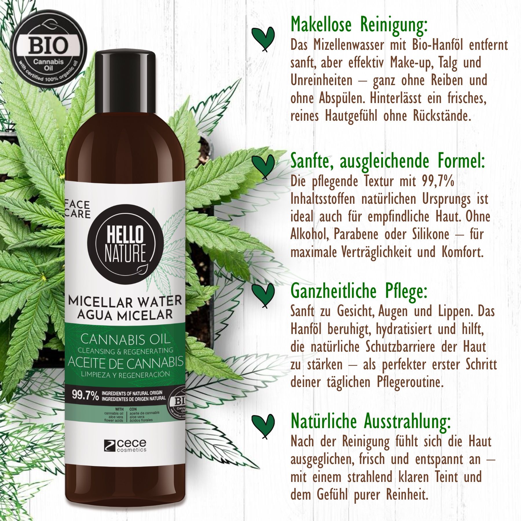 Hello Nature Make-up-Entferner Mizellenwasser  Cleanser Hanföl für Gesichtsreinigung