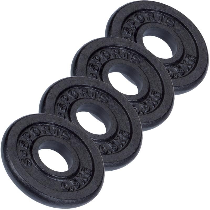 Vier schwarze Hantelscheiben mit der Aufschrift "ScSPORTS" und "0.5KG".