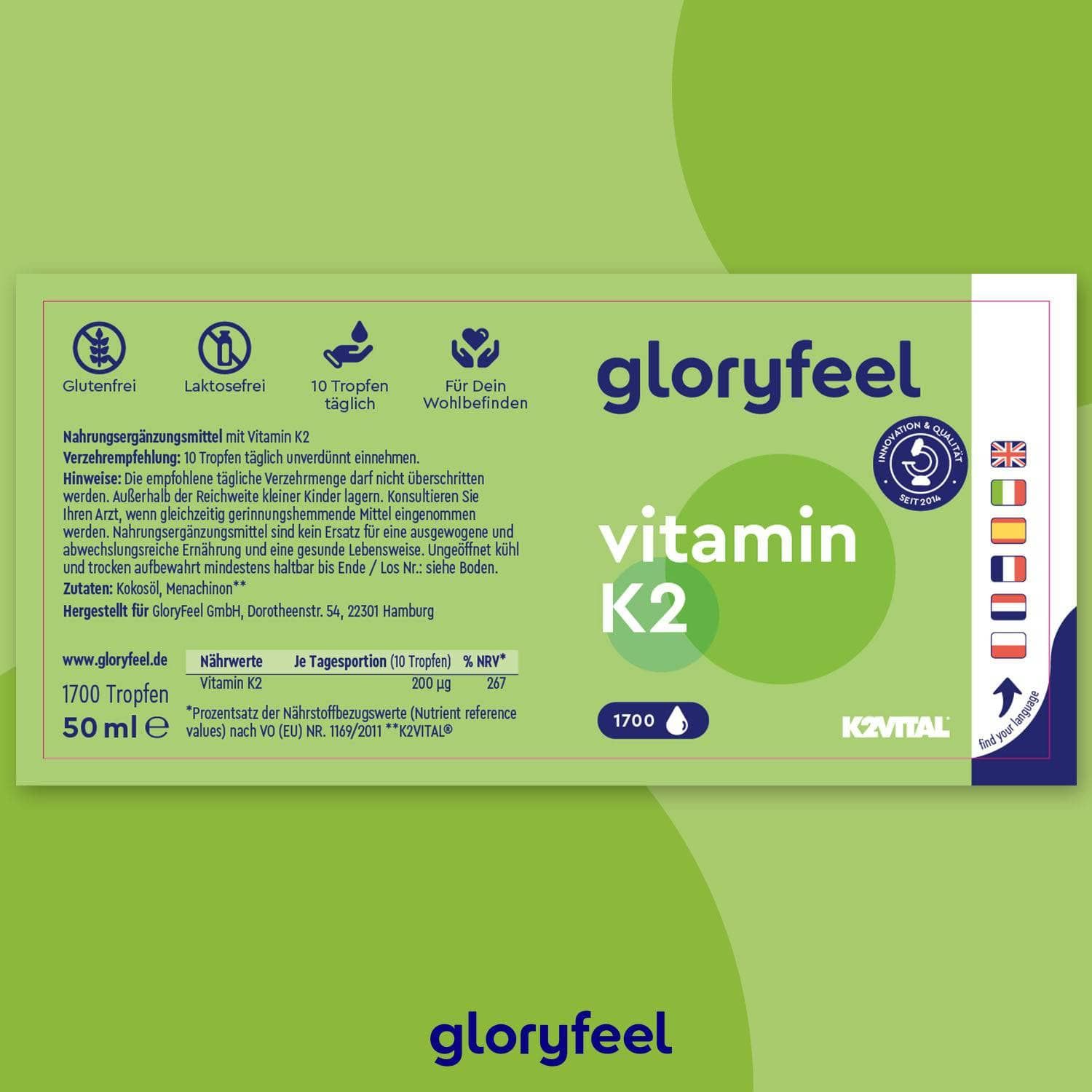 Verpackung von gloryfeel® Vitamin K2 Tropfen Nature. Grün-weißes Design mit Produktinformationen und Logos.