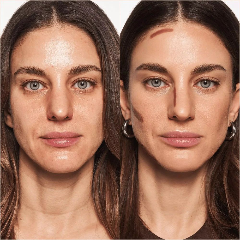 Vorher-Nachher-Gesicht. Links: ungeschminkt. Rechts: Konturierung aufgetragen. Augenbrauen, Nase, Wangen.