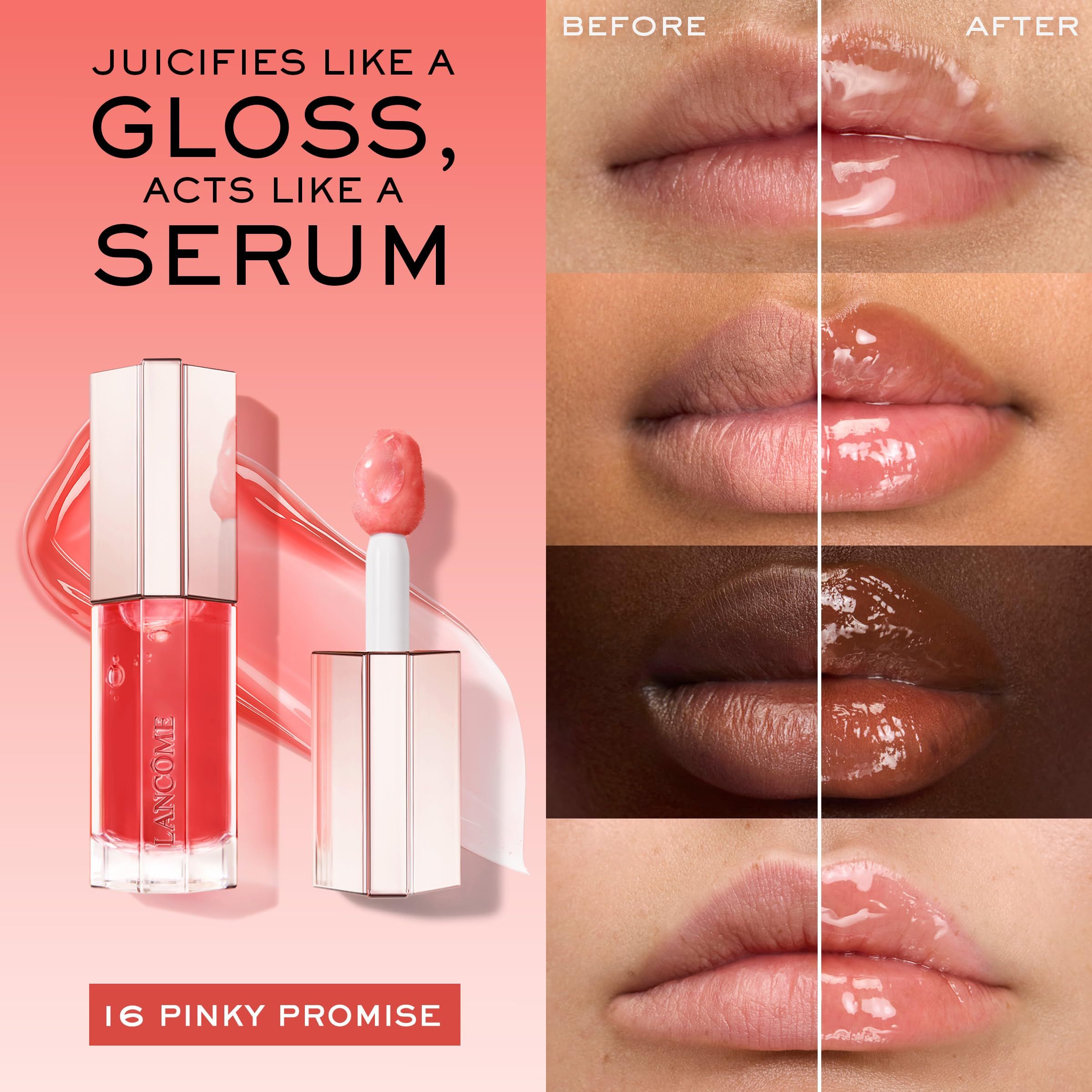 Lancôme Juicy Tubes Lipgloss. Text: „Juicifies like a gloss, acts like a serum“. Vorher/Nachher-Vergleich. 16 Pinky Promise.