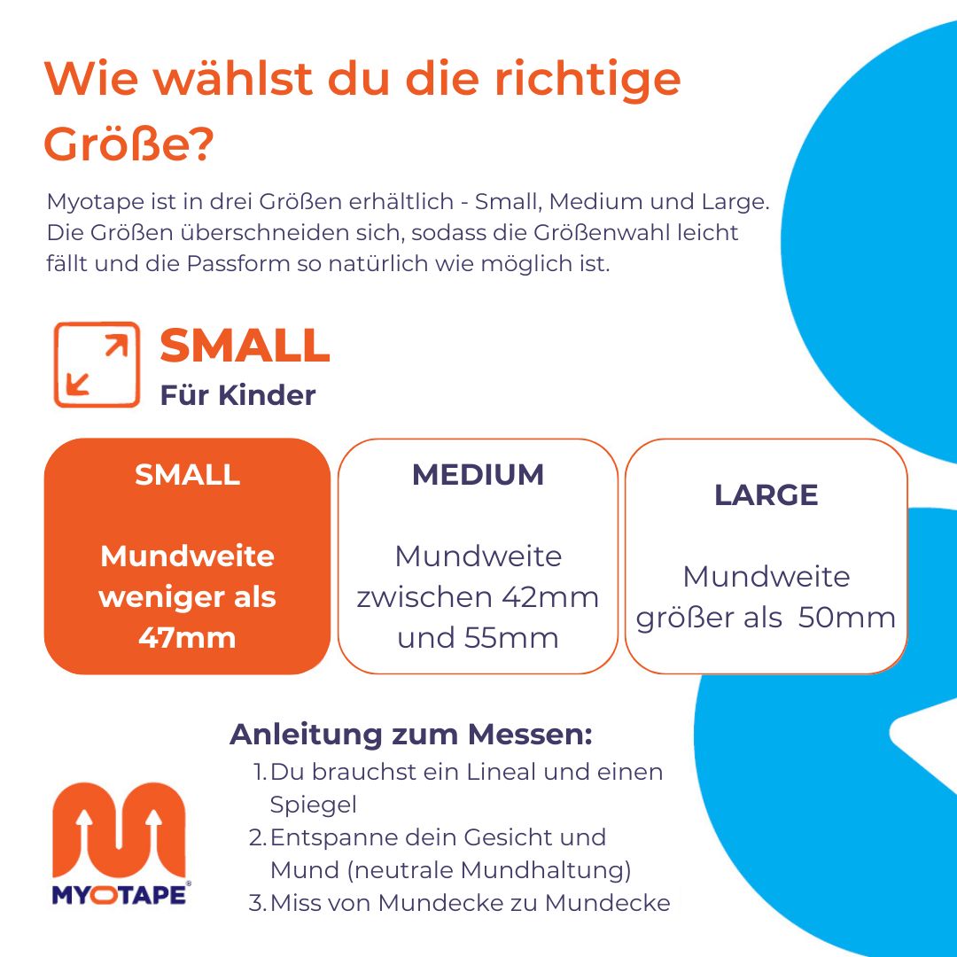 Größenberatung für Myotape: Small für Kinder, Medium und Large für Erwachsene.