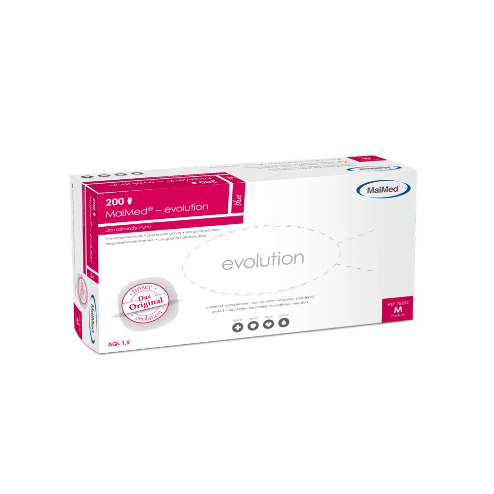 Weiße Box mit MaiMed® evolution Einmalhandschuhen. Aufdruck: 200 Stück, Größe M. Logo und Schriftzug 'evolution'.