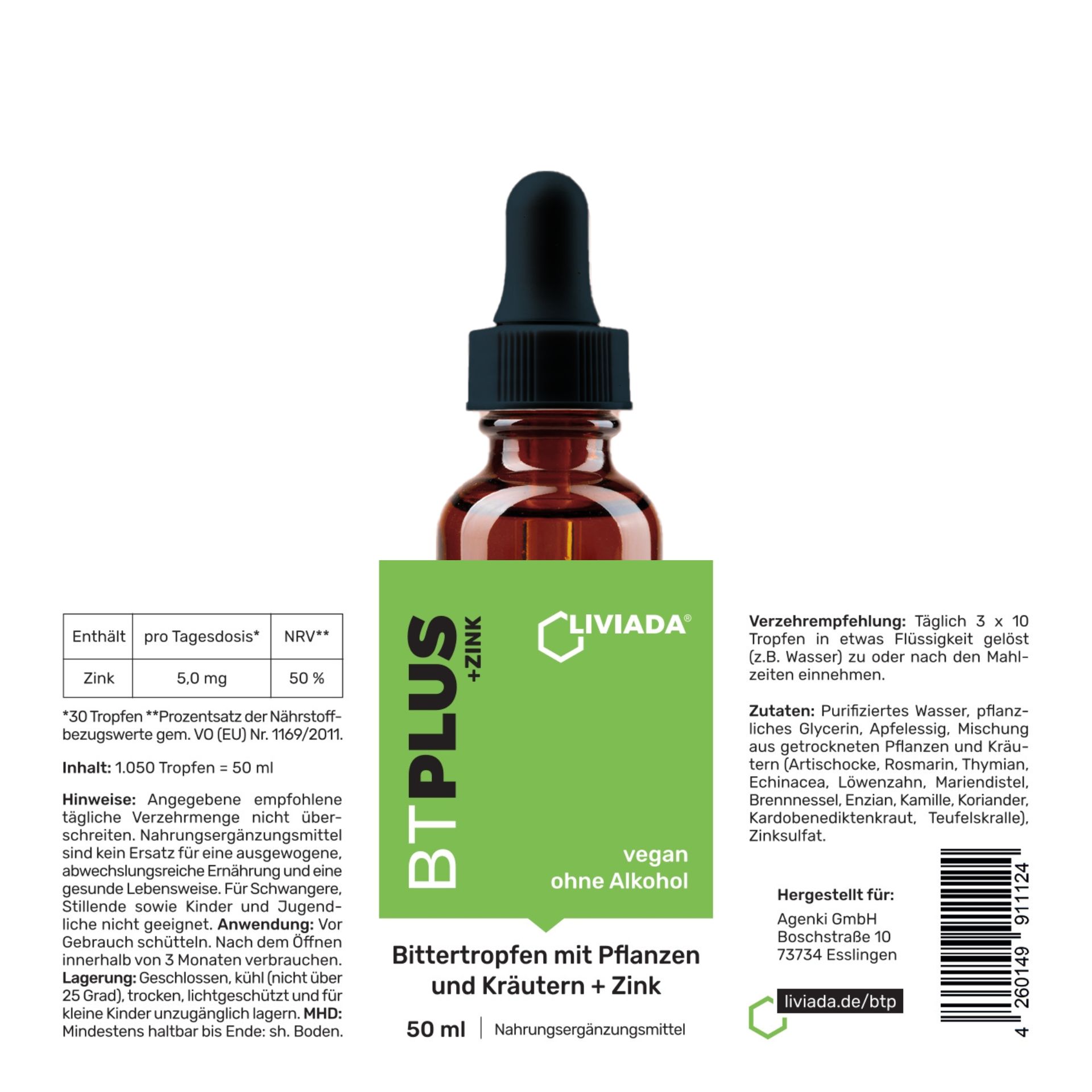 Braune Flasche mit Tropfer, grünes Etikett mit Text. Produktname und Inhaltsstoffe. Vegan, ohne Alkohol. 50 ml.