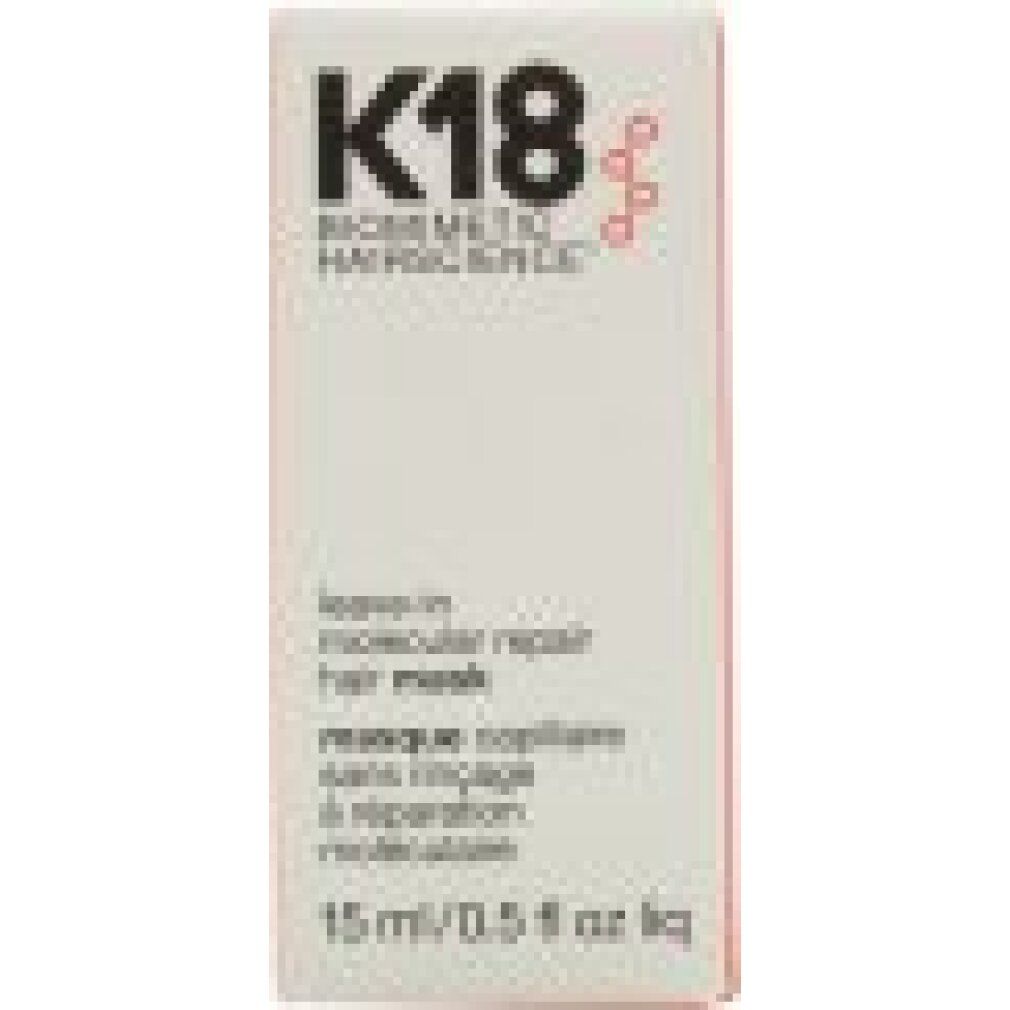 Kartonverpackung mit K18-Logo und Produktbezeichnung. 15 ml/0,5 fl oz. Leave-in Molecular Repair Hair Mask.