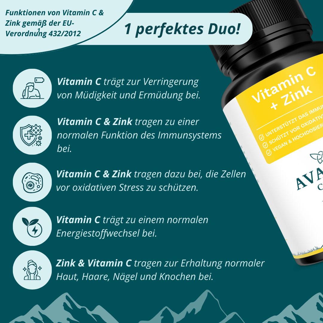 AVARIA CARE® Vitamin C 1000mg – gepuffert & magenschonend – mit 15 mg Zink – vegan