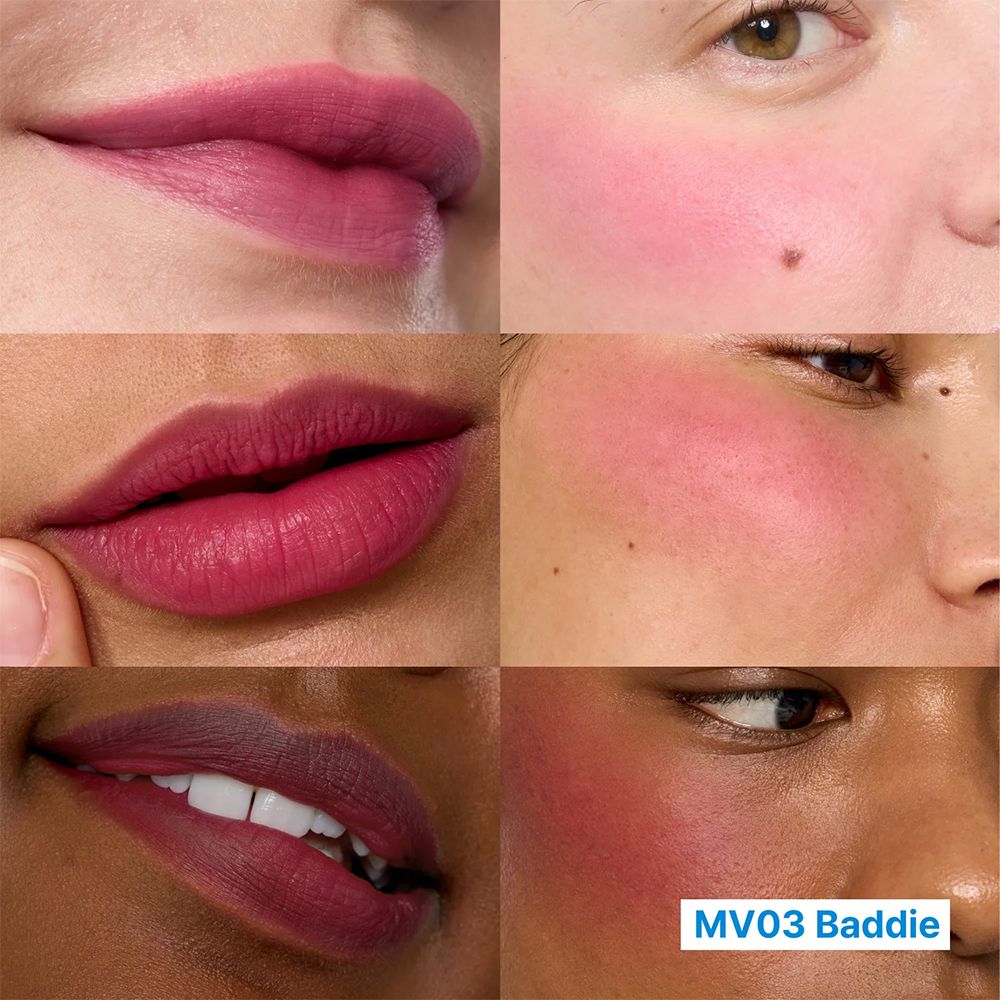Lippen und Wangen in verschiedenen Hauttönen mit mauve-beerigen Farbtönen.