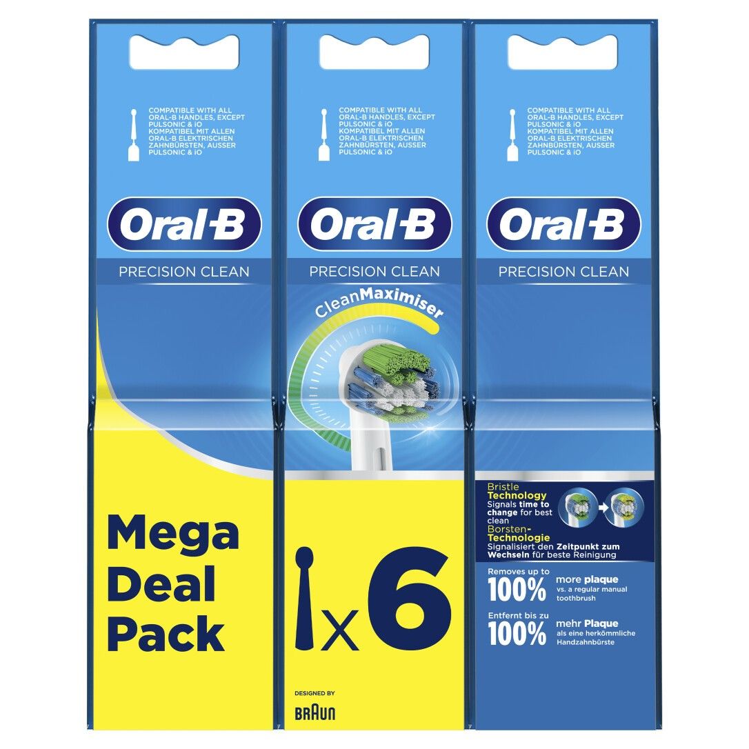 Drei Packungen Oral-B Precision Clean. Blaue und gelbe Verpackung. Text: Mega Deal Pack, 1x6. Kompatibel mit allen Oral-B Handstücken.