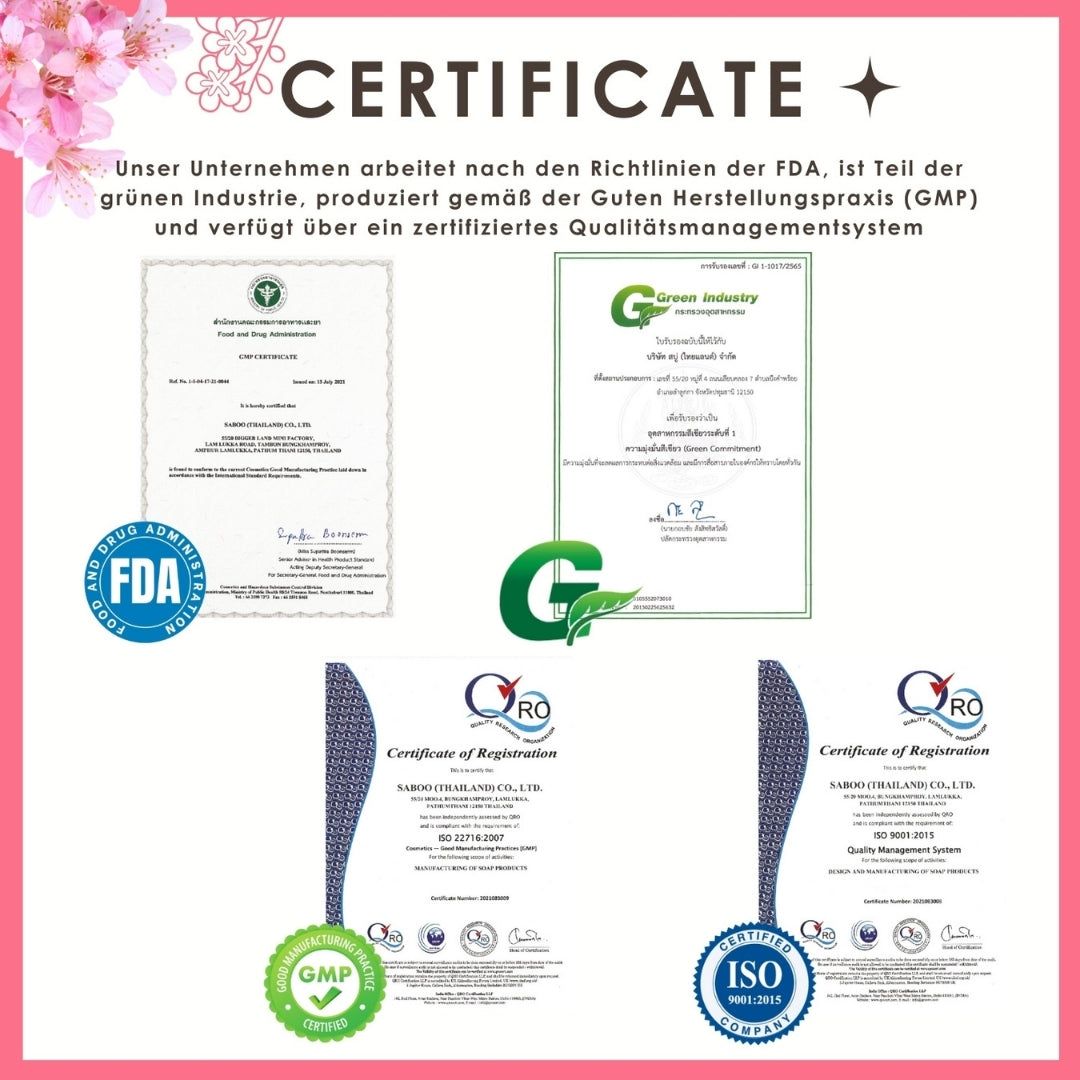 Zertifikate und Qualitätssiegel. FDA, GMP, ISO. Text: Zertifikat. Green Industry, Good Manufacturing Practice.