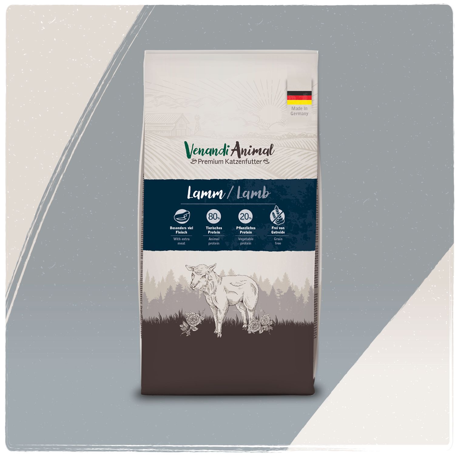 Venandi Animal Lamm Premium Katzenfutter Beutel mit Lamm-Abbildung und deutscher Flagge.