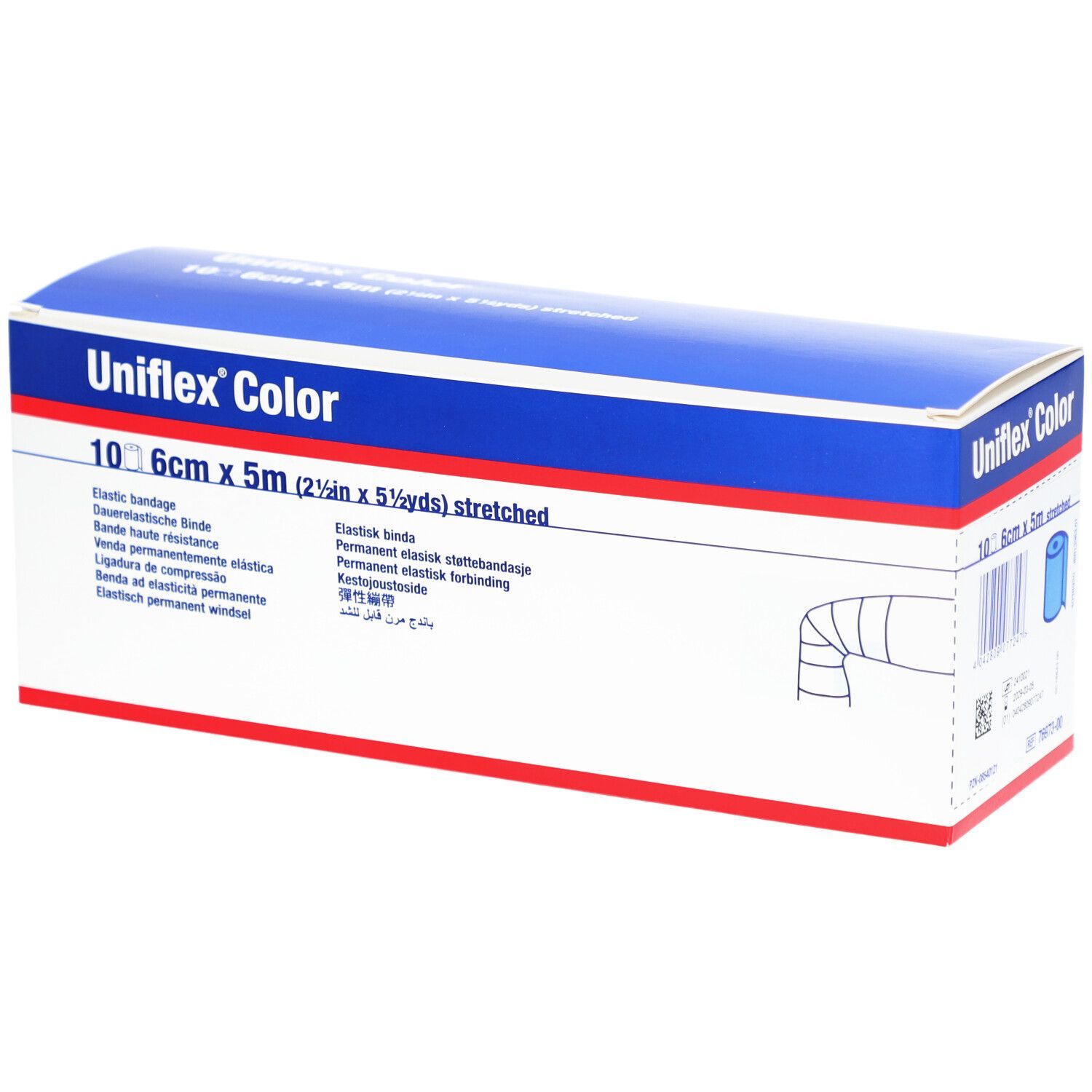 Verpackung von Uniflex® Color. Aufschrift: 10 x 6cm x 5m. Elastische Binde. Blau-weißes Design.