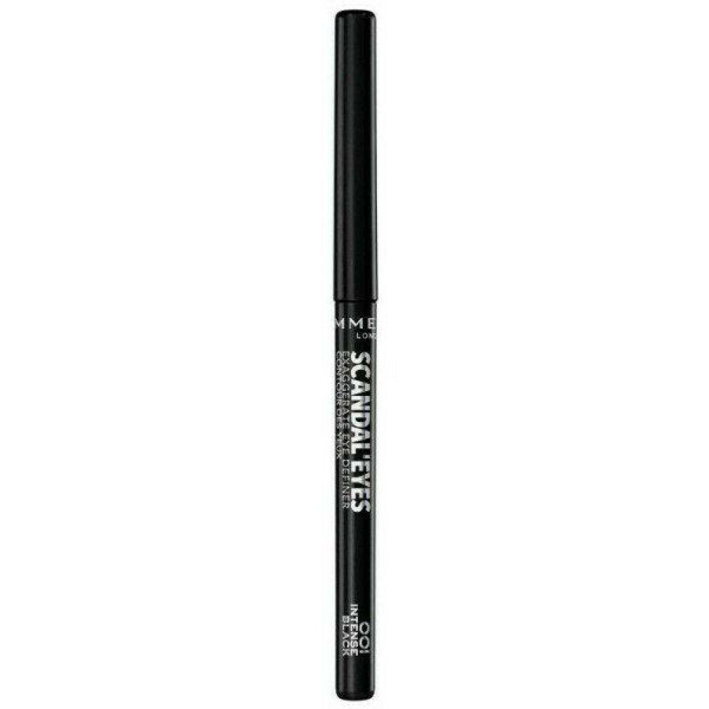 Schwarzer Eyeliner-Stift mit geriffelter Oberfläche. Aufschrift: Scandal Eyes, Exaggerate Automatico. Marke: Rimmel London.