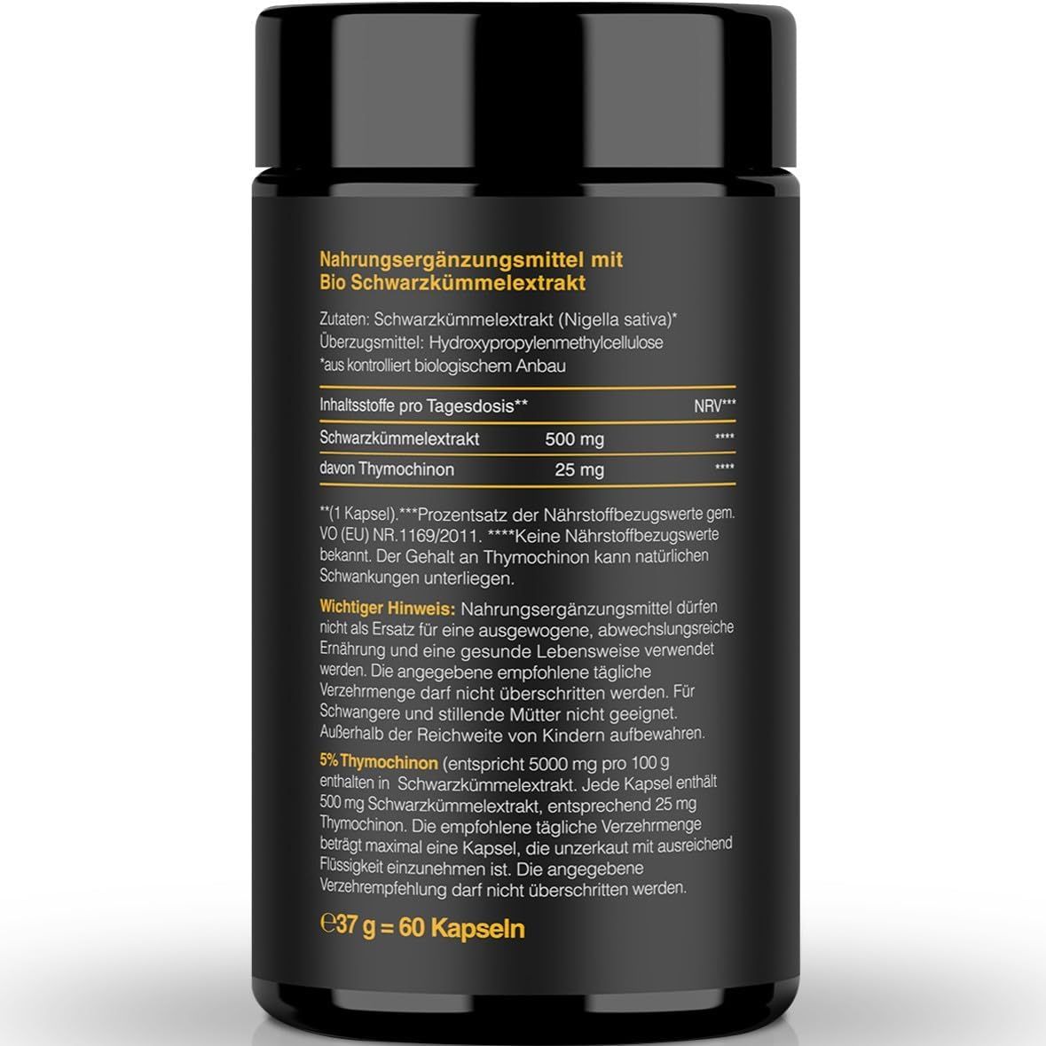 Etikett eines BIOLAVIVA Bio-Schwarzkümmel Kapselbehälters mit Inhaltsstoffen und Hinweisen.