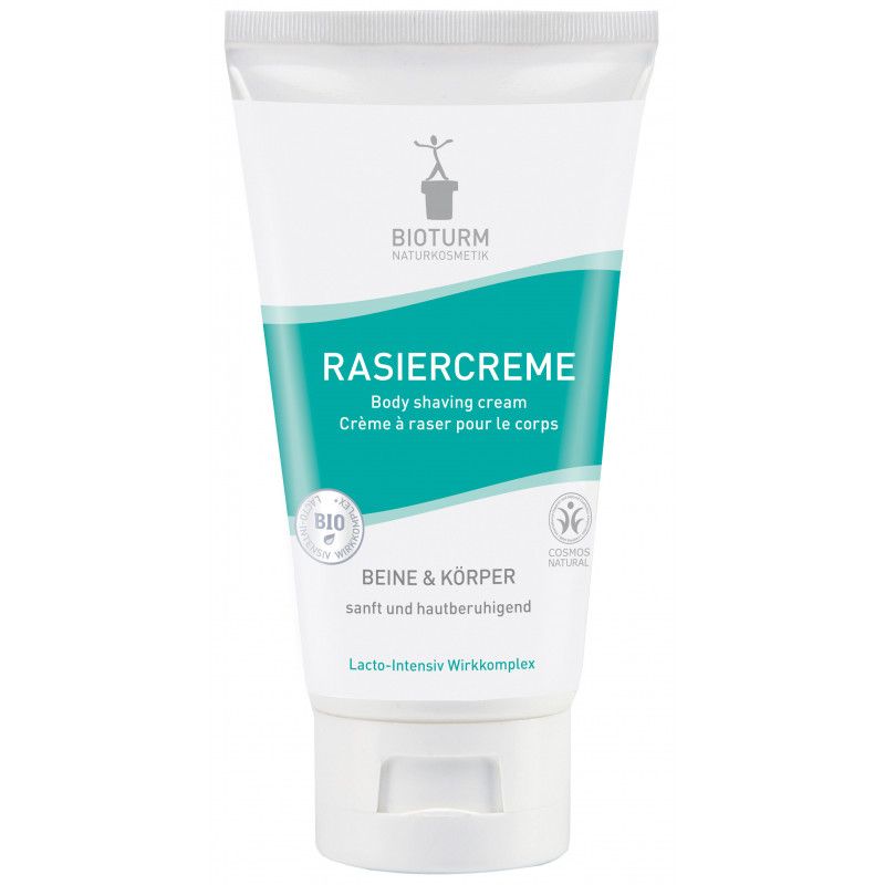 Tube Rasiercreme, weiß-türkis. Text: RASIERCREME, Body shaving cream, Crème à raser pour le corps. Logo: BIO, COSMOS NATURAL.