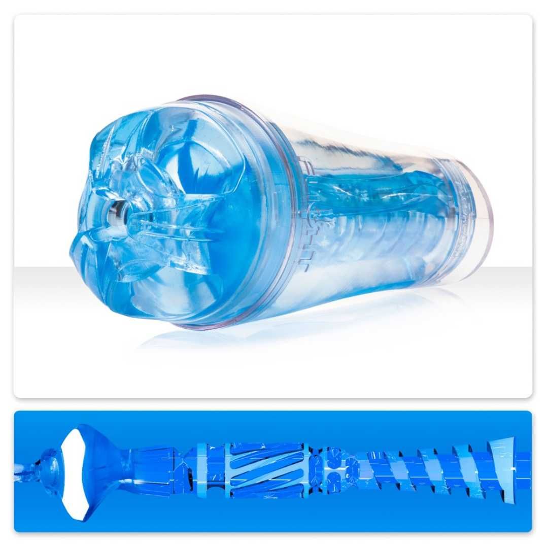 Transparent-blauer Masturbator mit geriffelter Innenstruktur. Zusätzliche Detailansicht der Innenstruktur.