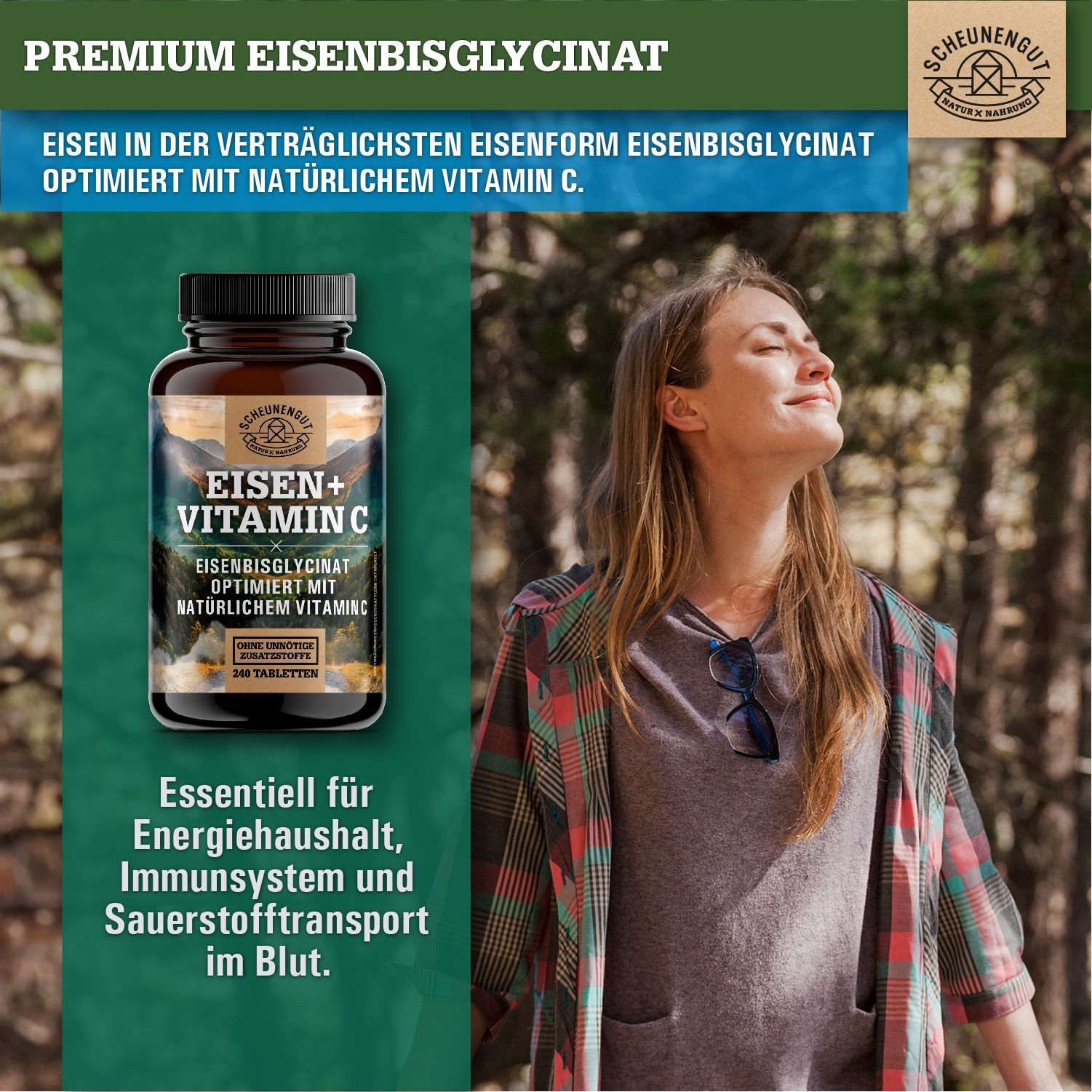 Scheunengut® Eisen Bisglycinat + natürliches Vitamin C hochdosiert | 240 vegane Eisentabletten