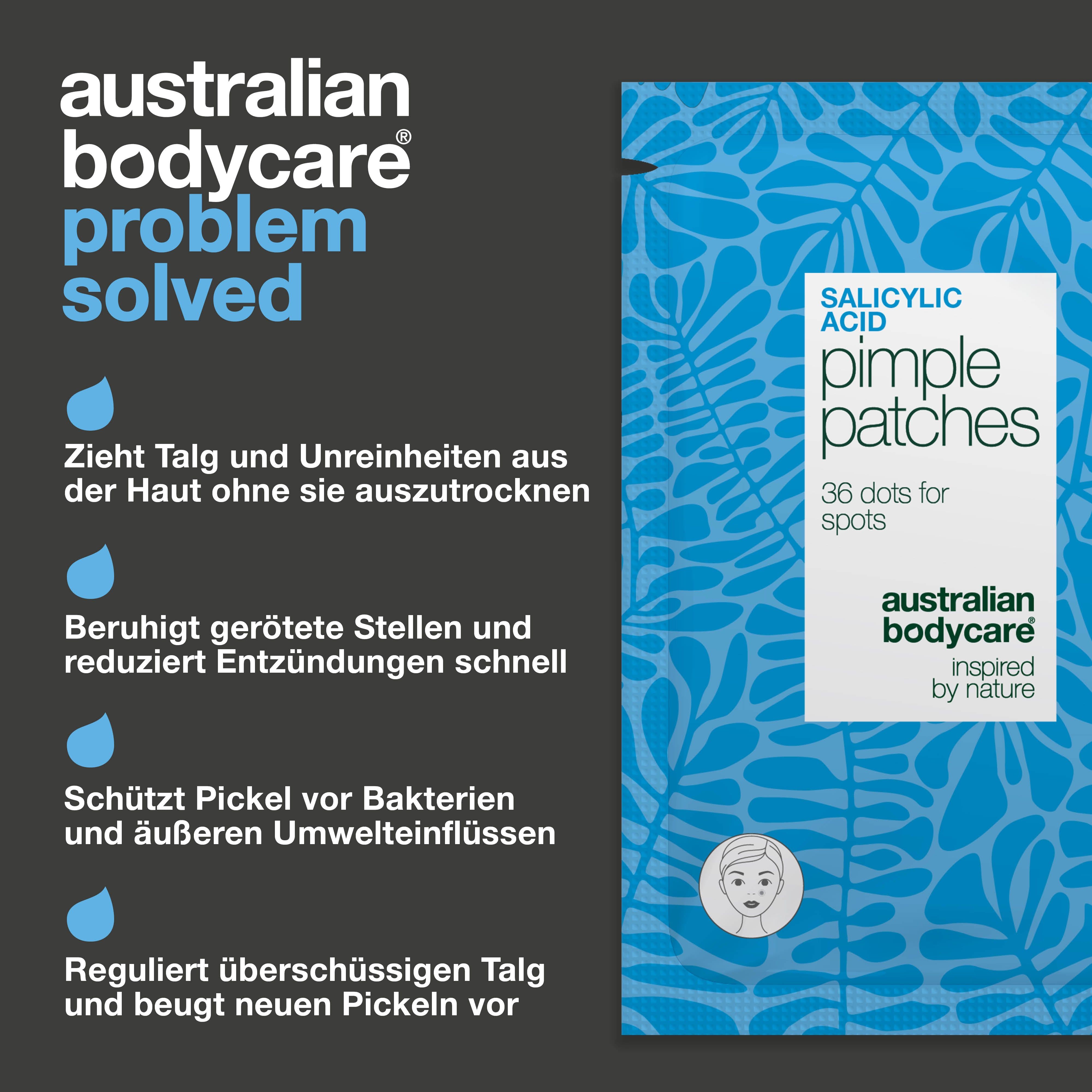 Australian Bodycare Salicylsäure Pimple Patches. Text und Illustrationen. 36 Punkte für Pickel.