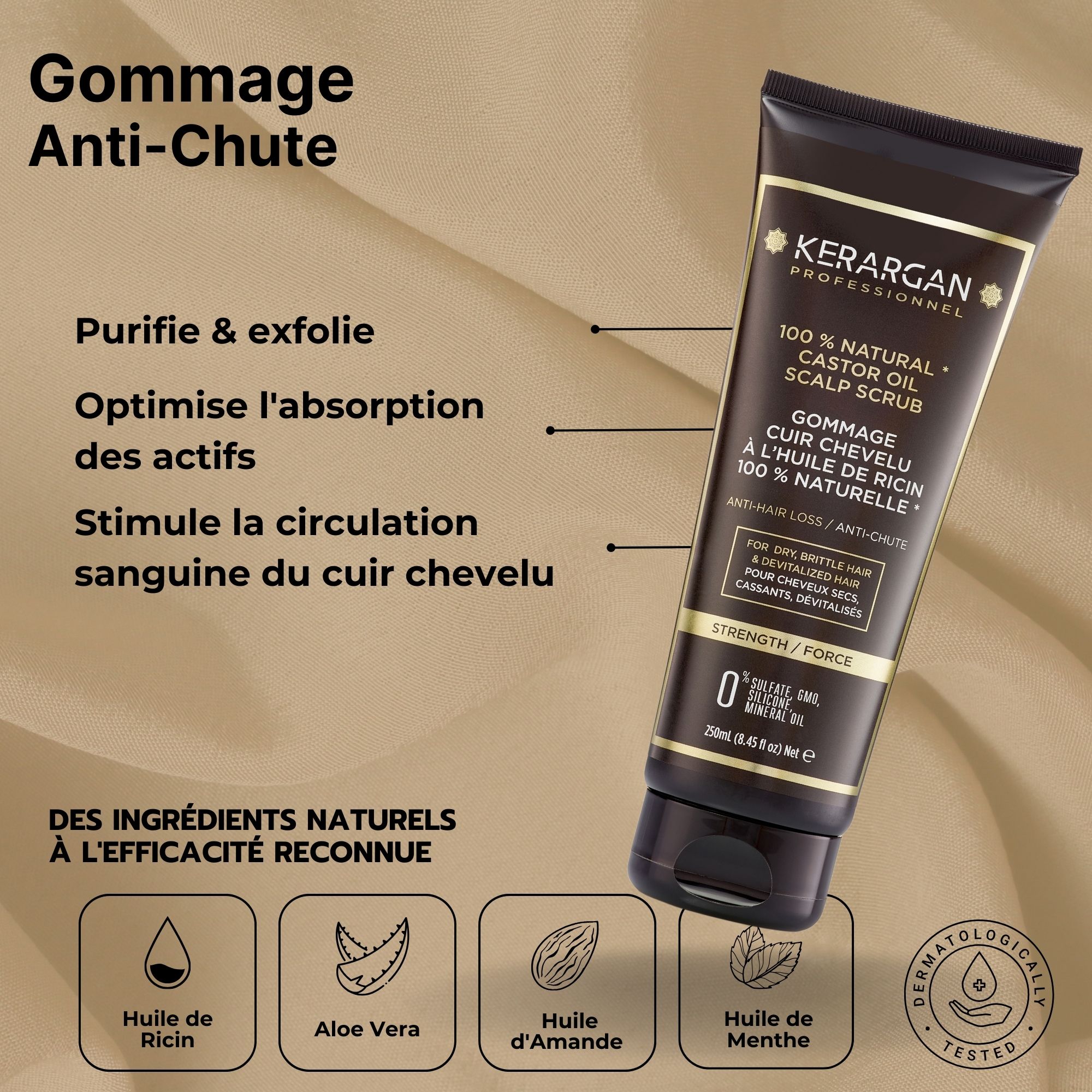 Tube de gommage Kerargan. Tube noir avec étiquette dorée. Texte : 100% Natural Castor Oil Scalp Scrub.