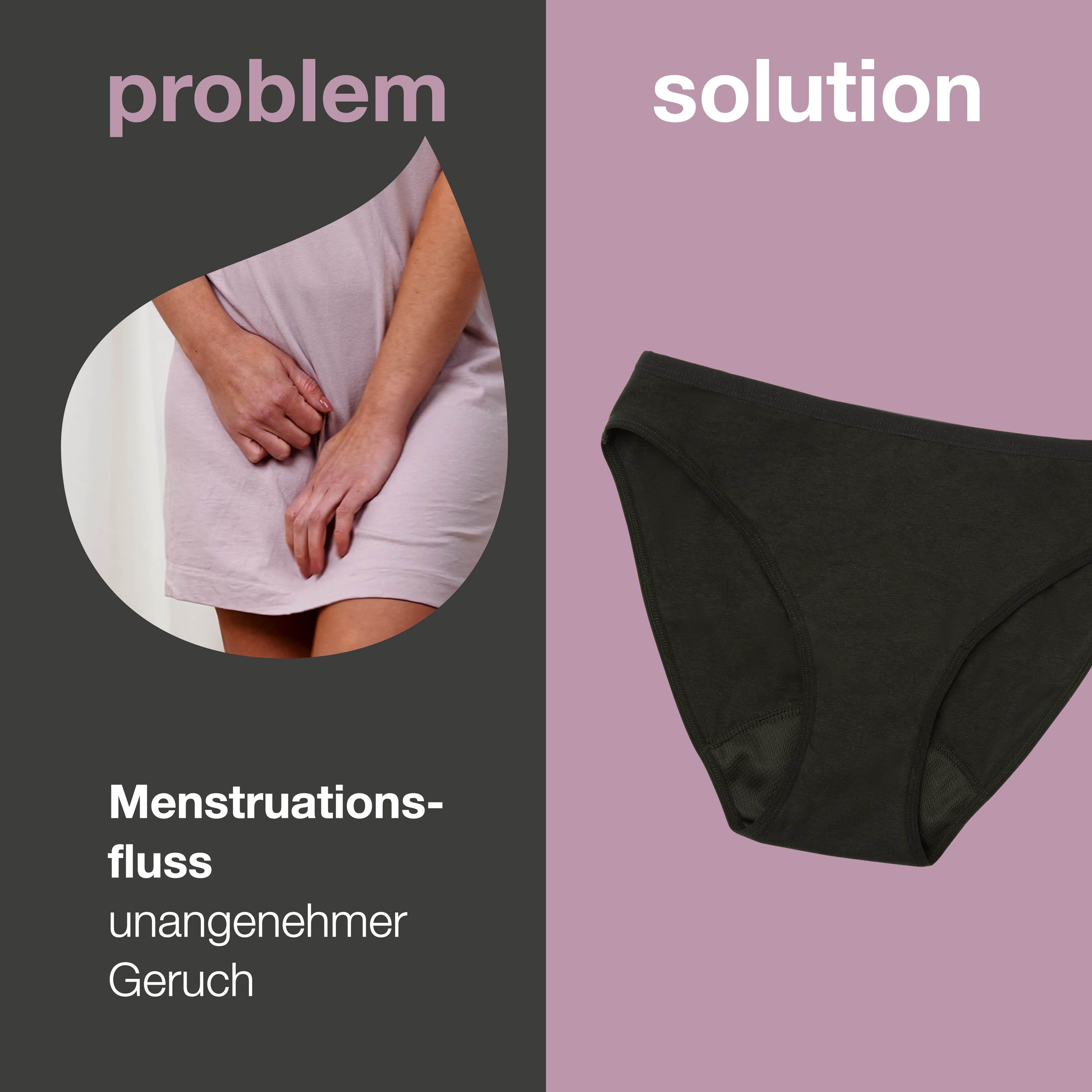 Problem: Menstruationsfluss, unangenehmer Geruch. Lösung: Schwarze Periodenunterwäsche.