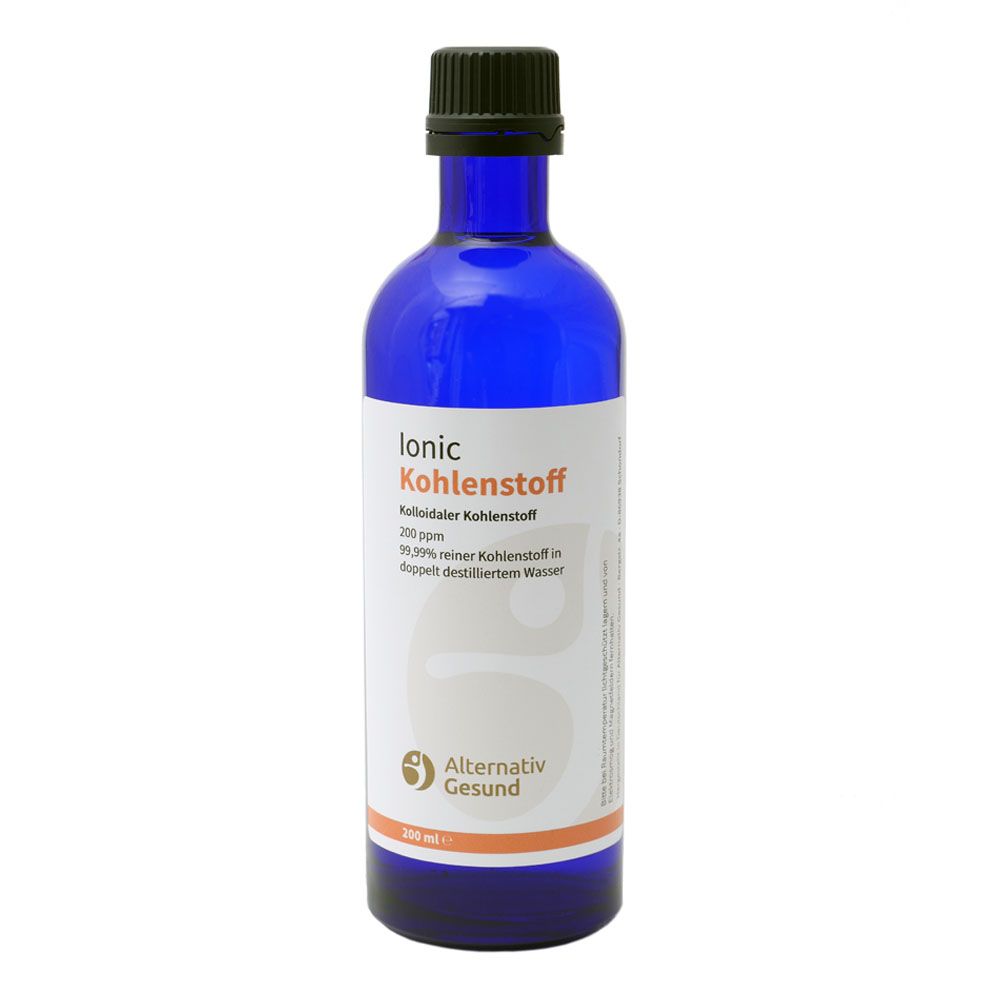 Blaue Glasflasche mit schwarzem Deckel. Aufschrift: Ionic Kohlenstoff, Kolloidaler Kohlenstoff, Alternativ Gesund.