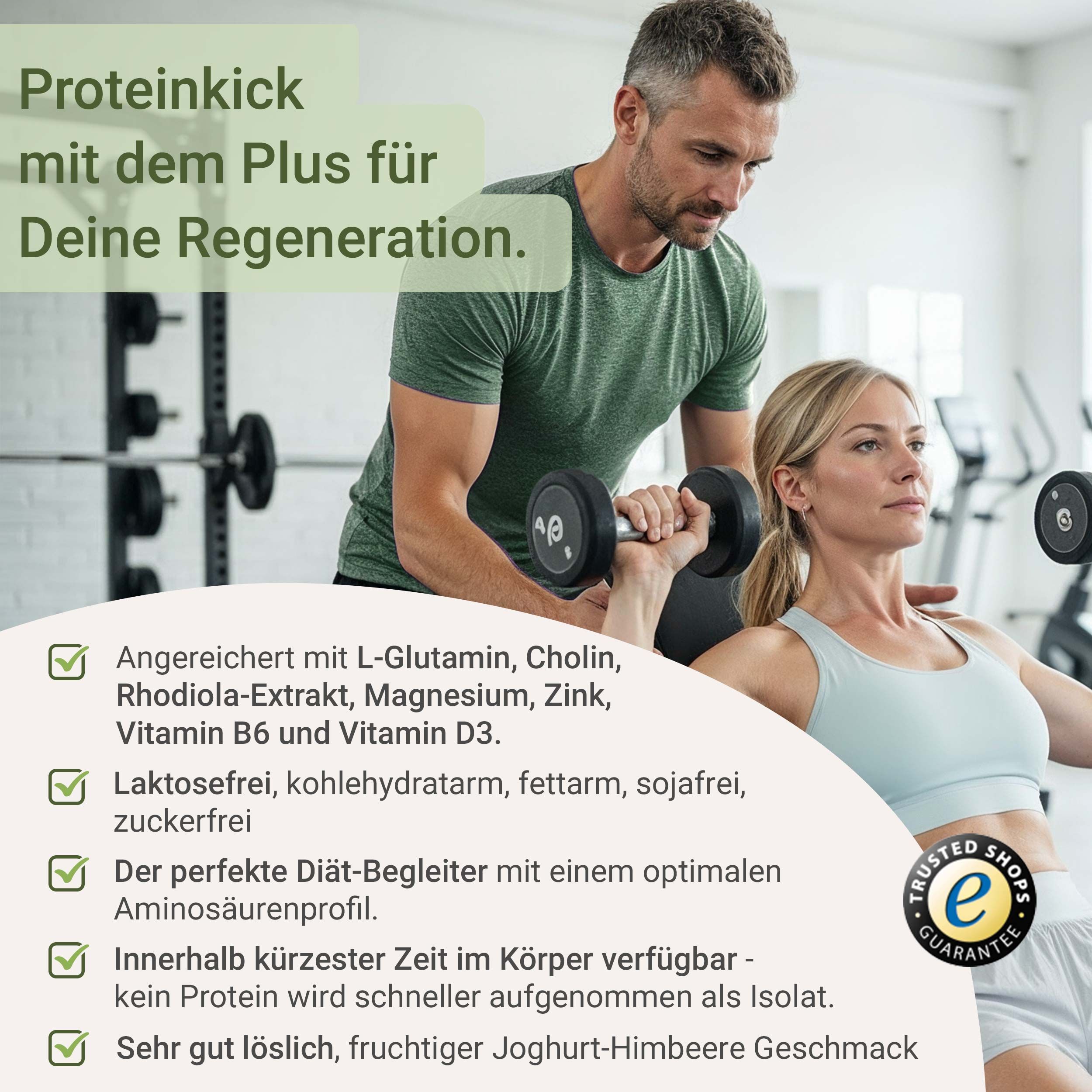 Mann und Frau im Fitnessstudio. Text: Angereichert mit L-Glutamin, etc. Perfekter Diät-Begleiter. Fruchtiger Geschmack.