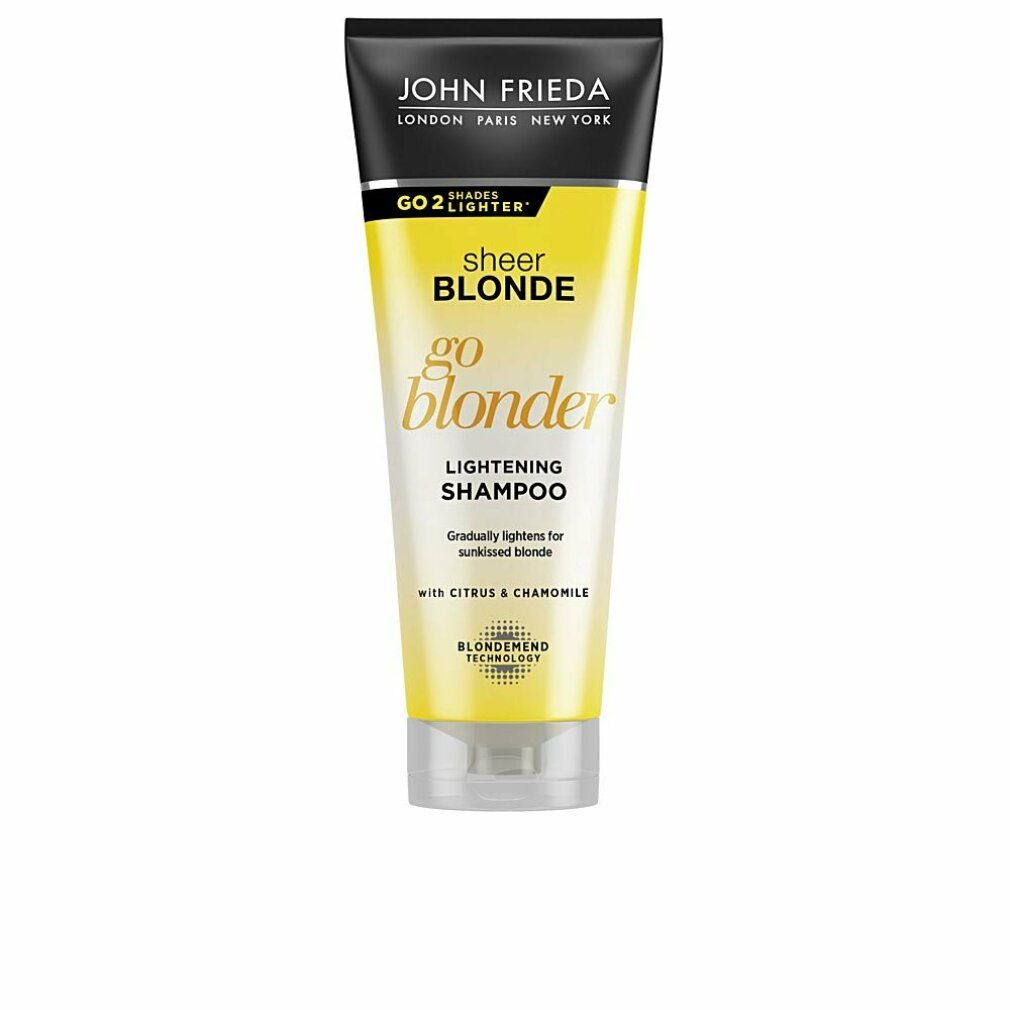 John Frieda Sheer Blonde Go Blonder Shampoo. Gelbe Tube mit schwarzem Deckel. Produktname und Logo deutlich sichtbar.