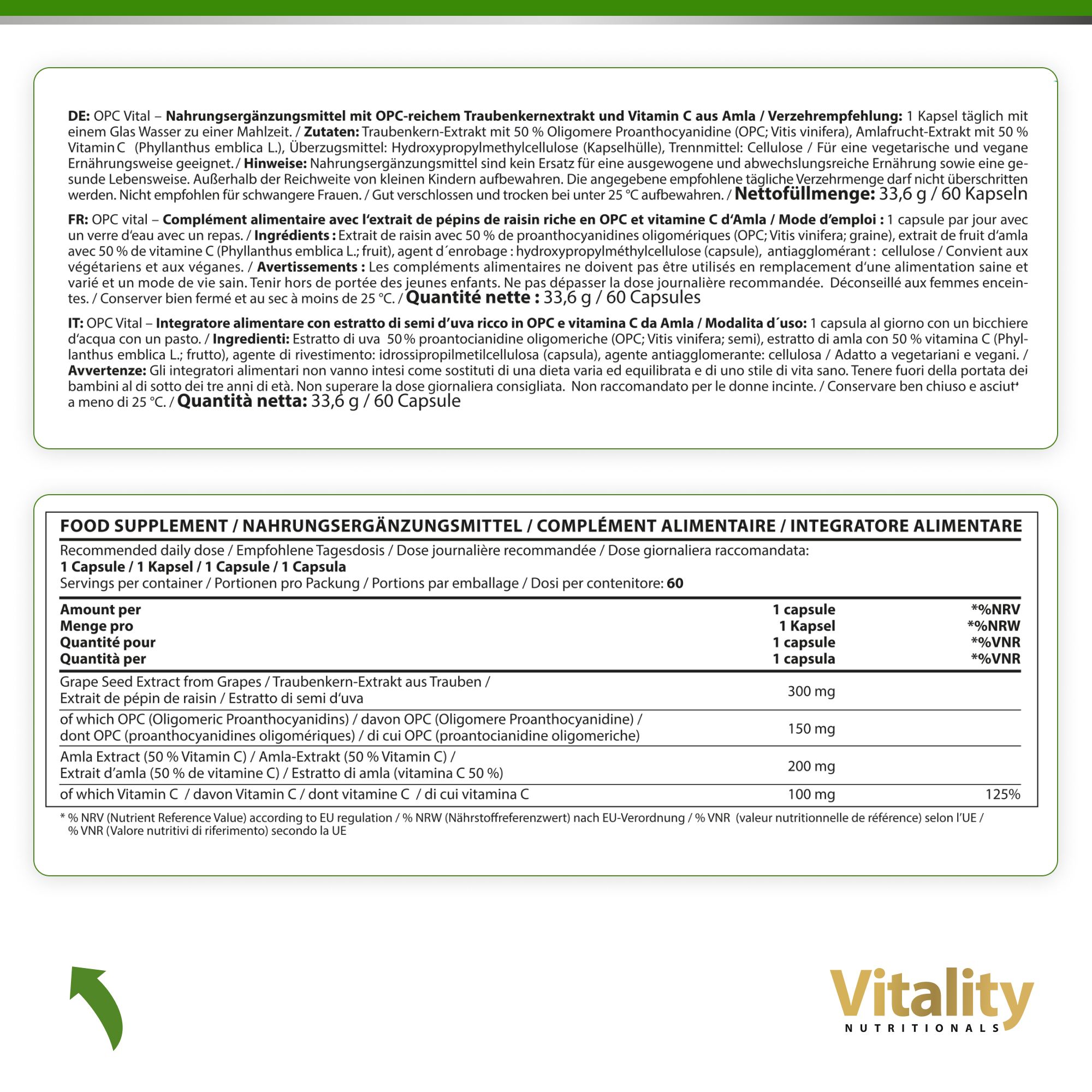 Etikett mit Informationen zu OPC Vital. Enthält Angaben zu Inhaltsstoffen, Dosierung und Nährwerten.
