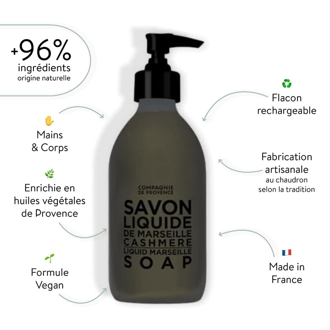 Graue Flasche mit schwarzem Pumpkopf. Text: Savon Liquide de Marseille Cashmere. Zusätze: 96% natürliche Inhaltsstoffe, vegan.