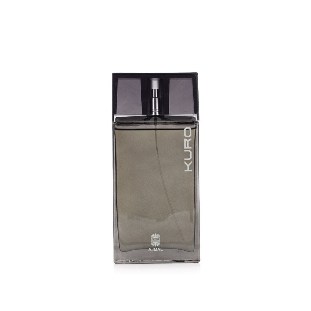 Flakon mit Sprühkopf. Aufschrift "KURO" und "AJMAL". Grauer Flakon. 3 FL.OZ.